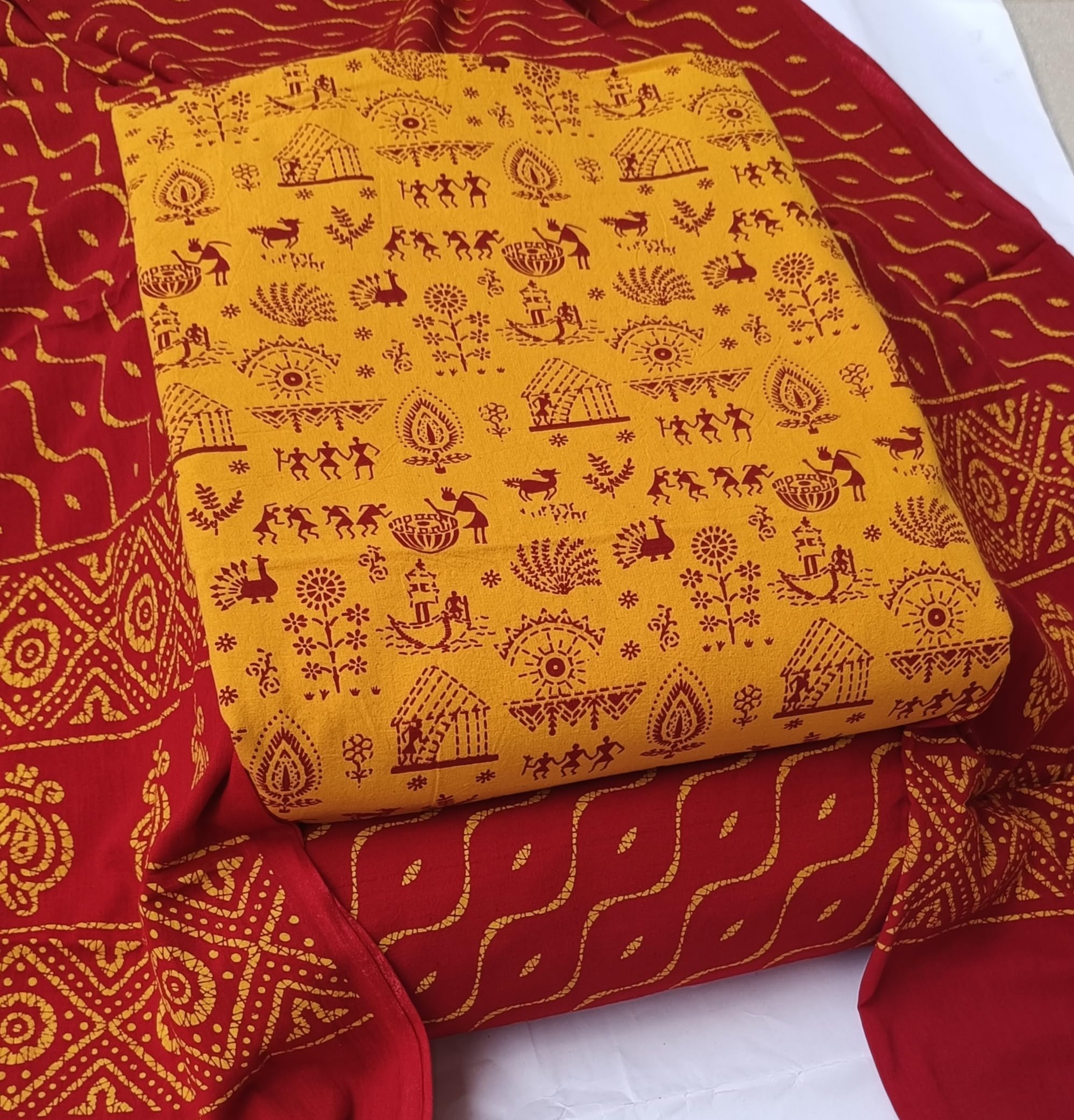 DRAVINAM Trends Women's Premium Cotton Unstitched Salwar Suit Dress Material Set | Traditional Rajasthani Gujari Block Print (Red & Mustard Yellow)