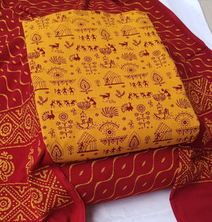 DRAVINAM Trends Women's Premium Cotton Unstitched Salwar Suit Dress Material Set | Traditional Rajasthani Gujari Block Print (Red & Mustard Yellow)