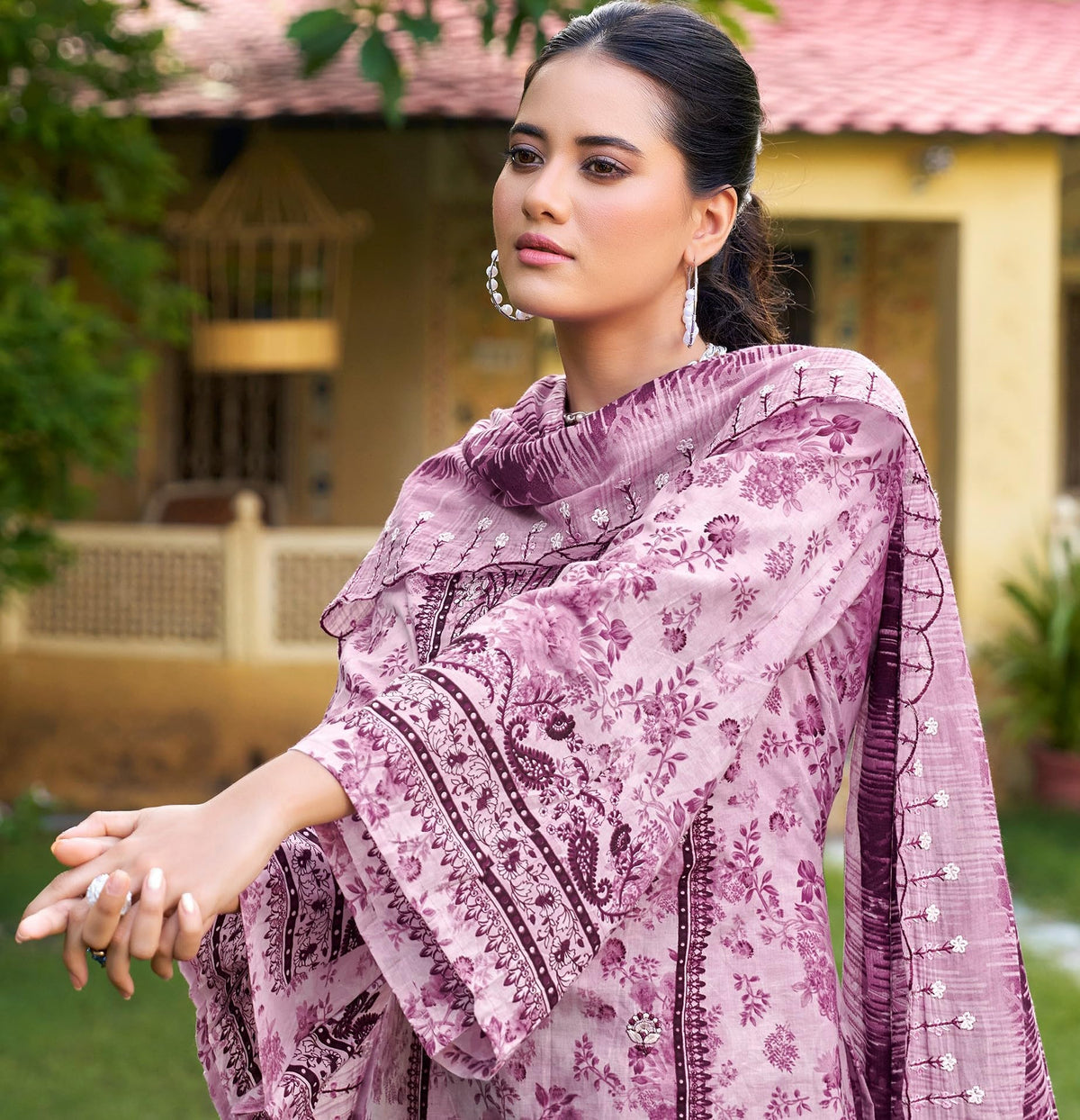 DRAVINAM Trends Unstitched Cotton Suit Dress Material Set: Pakistani Print Top Fabric with Embroidery | Customizable Solid Bottoms | Cotton Fancy Dupatta