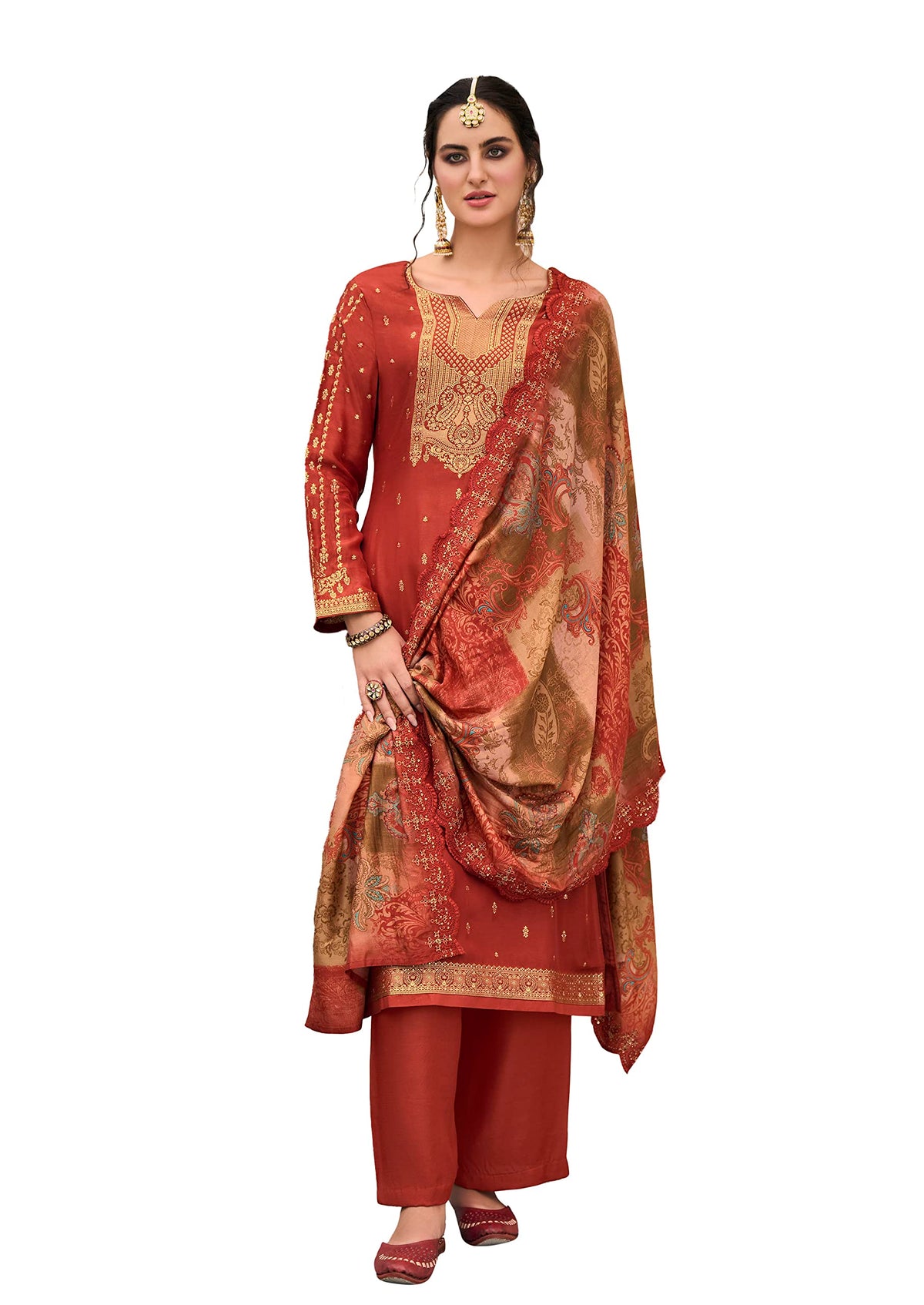 DRAVINAM Trends Women's Pure Dola Banarasi Silk Salwar Kameez Suit Dress Material with Digital Printed Embroidered Pure Viscose Heavy Silk Dupatta (