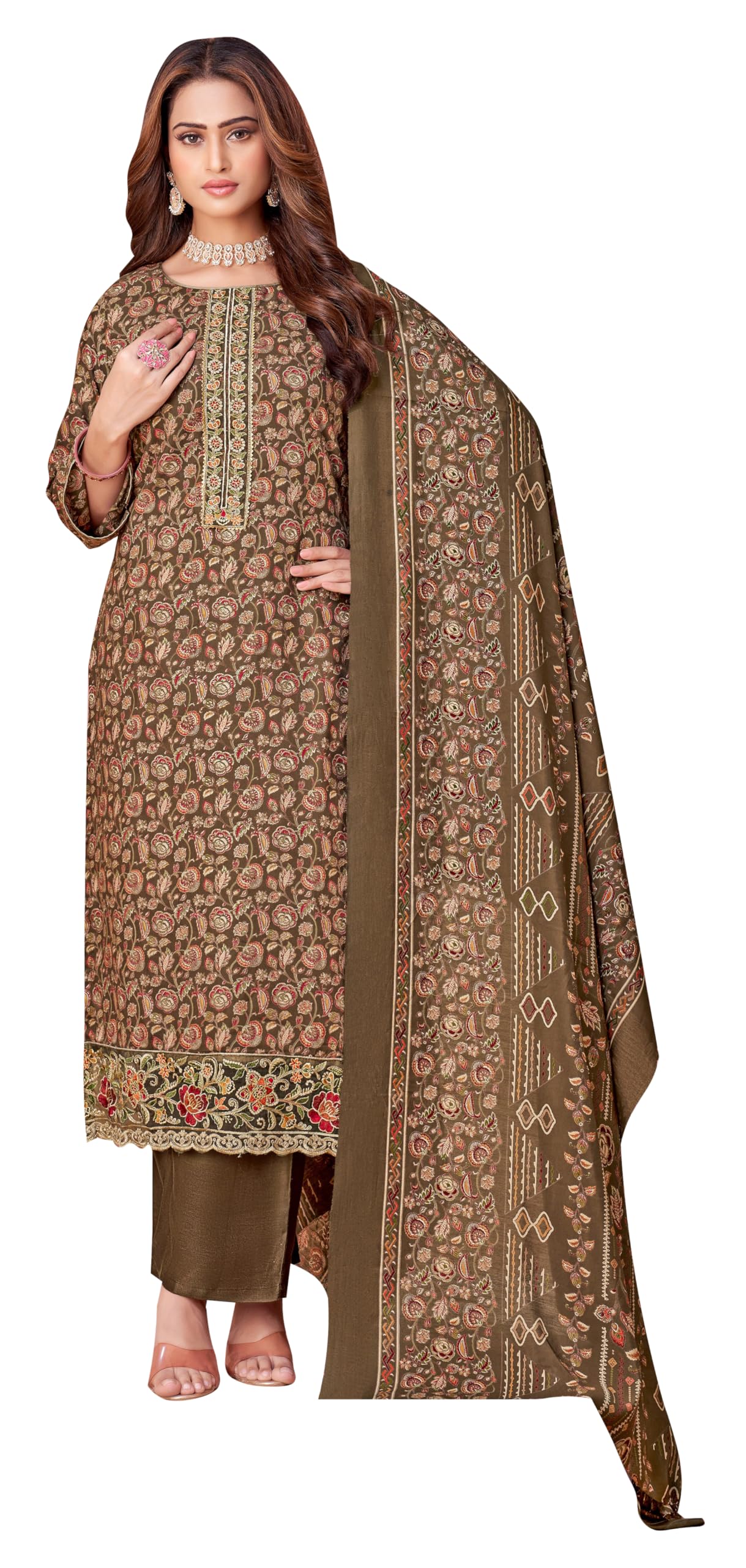 DRAVINAM Trends Pure Viscose Rayon Cotton Discharge Foil Printed Fancy Embroidered Suit Dress Material with Unstitched Bottoms and Cotton Silk Printed Dupatta
