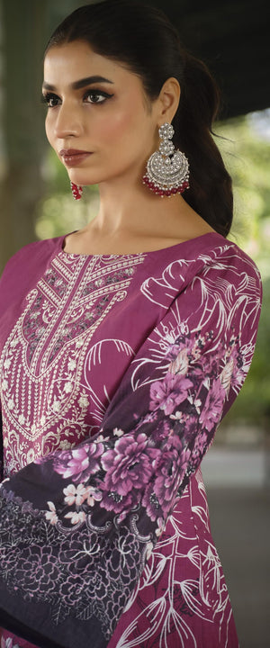 DRAVINAM Trends Women's Stitched Digital Style Print Embroidered Pure Cotton Kurta Pant Suit Set II Solid Pants II Printed Malmal Dupatta (XL / 42)