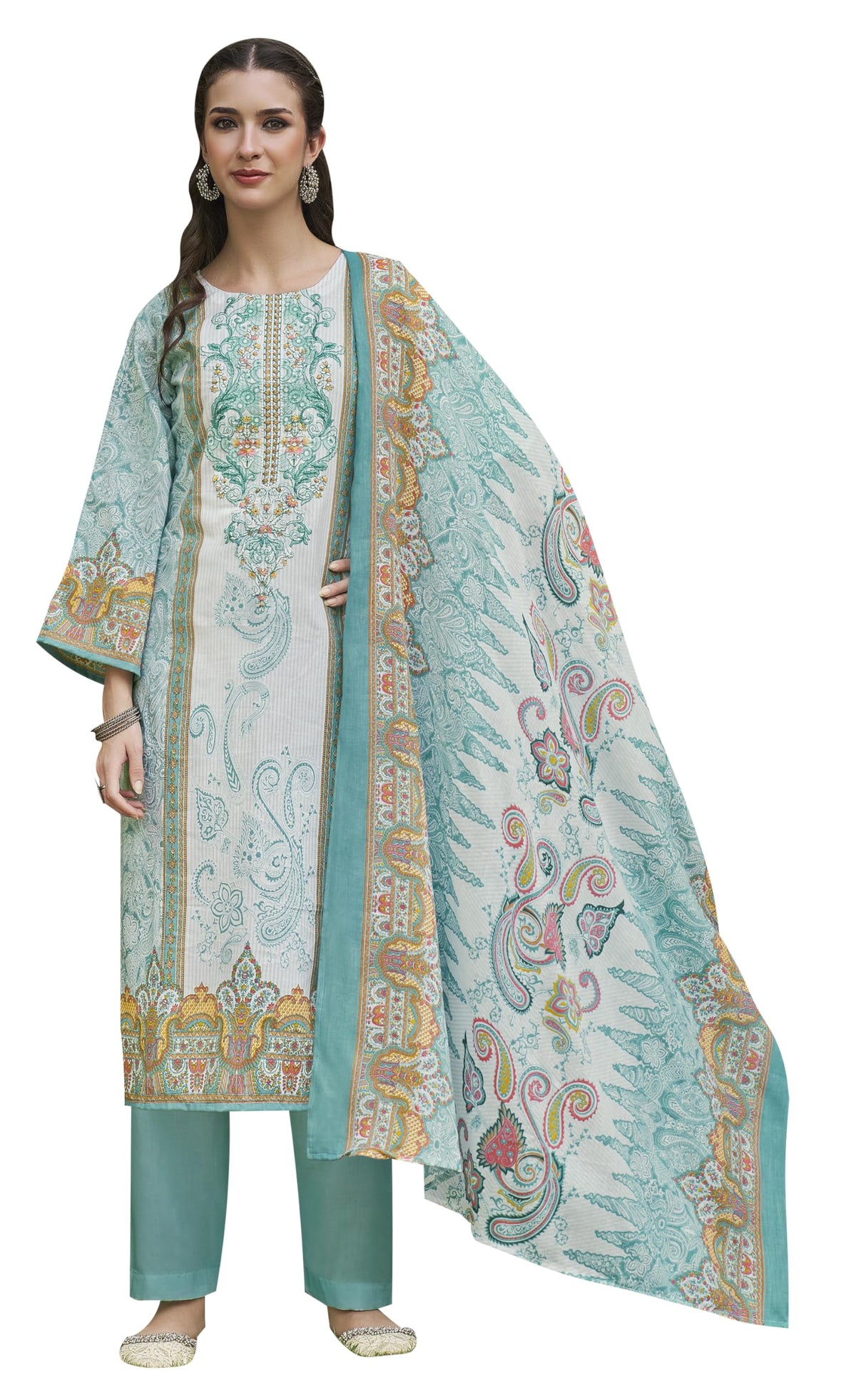DRAVINAM Trends Kurti 2.50 mtrs, Pure Cotton Salwar (3 mtrs apx), Pure Cotton Mal Mal Print (2.30|Light Brown 1