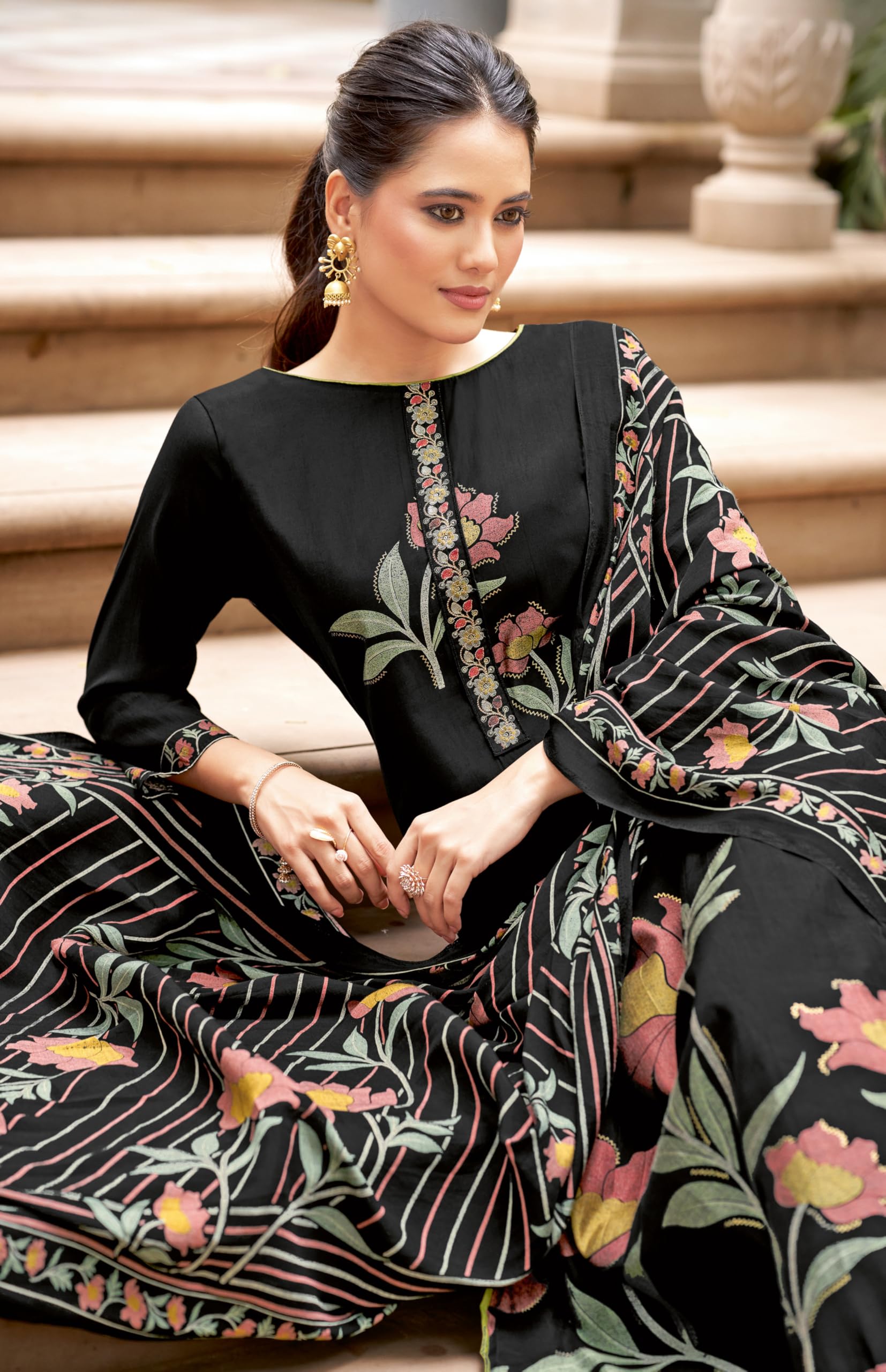 DRAVINAM Trends Women's Unstitched Salwar Suit Dress Material Modal Silk Discharge Foil Print Embroidered Kameez Plain Unstitched Bottoms and Modal Silk Discharge Foil Print Dupatta