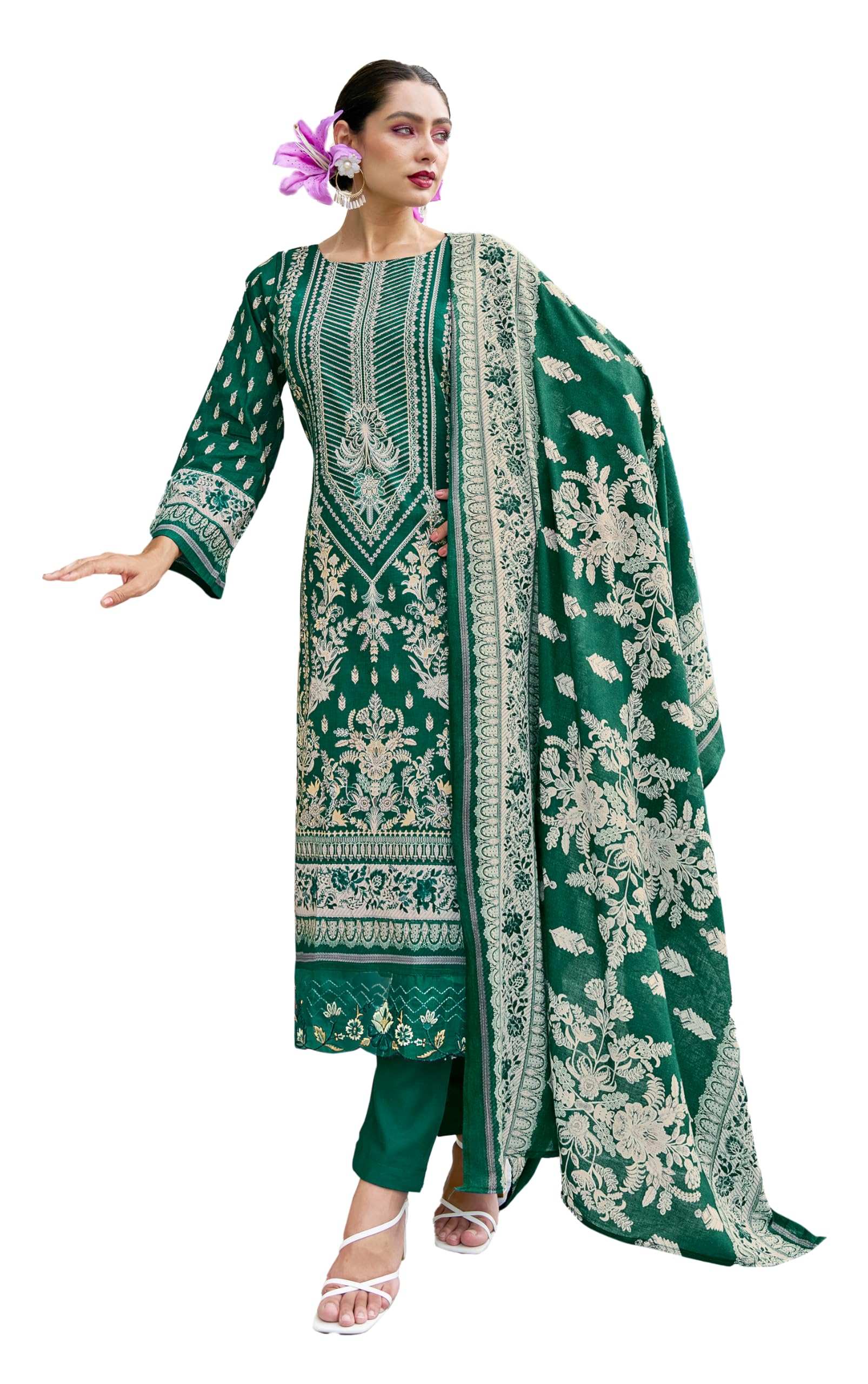 DRAVINAM Trends Unstitched Suit Material – Pure Cotton Digital Prints Daman Organza Embroidery Kameez, Cotton Bottoms and Dupatta