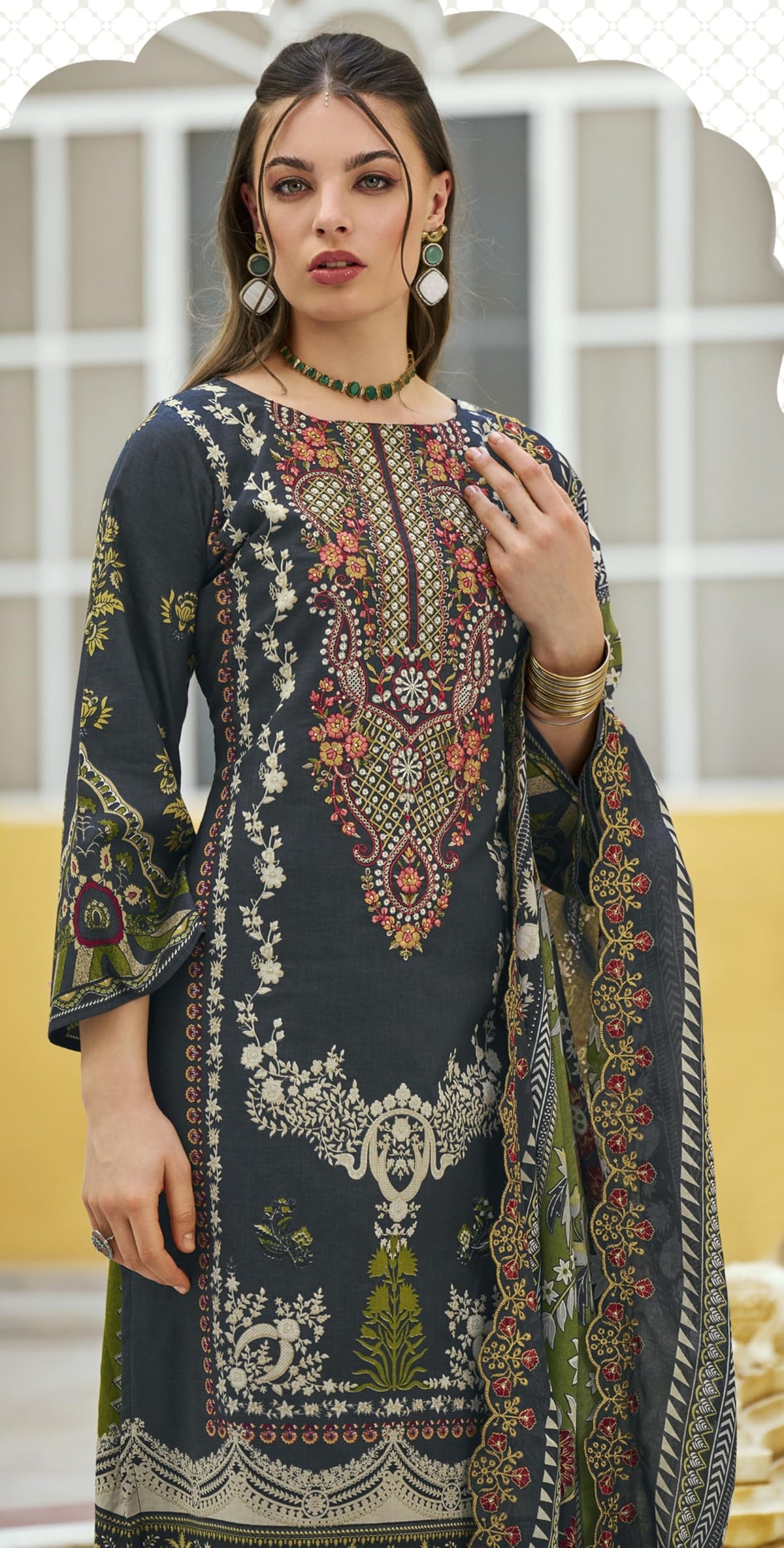 DRAVINAM Trends Women's Unstitched Pakistani Digital Print Embroidered Pure Cotton Salwar Suit Dress Materials with Cotton Embroidered Cutwork Dupatta