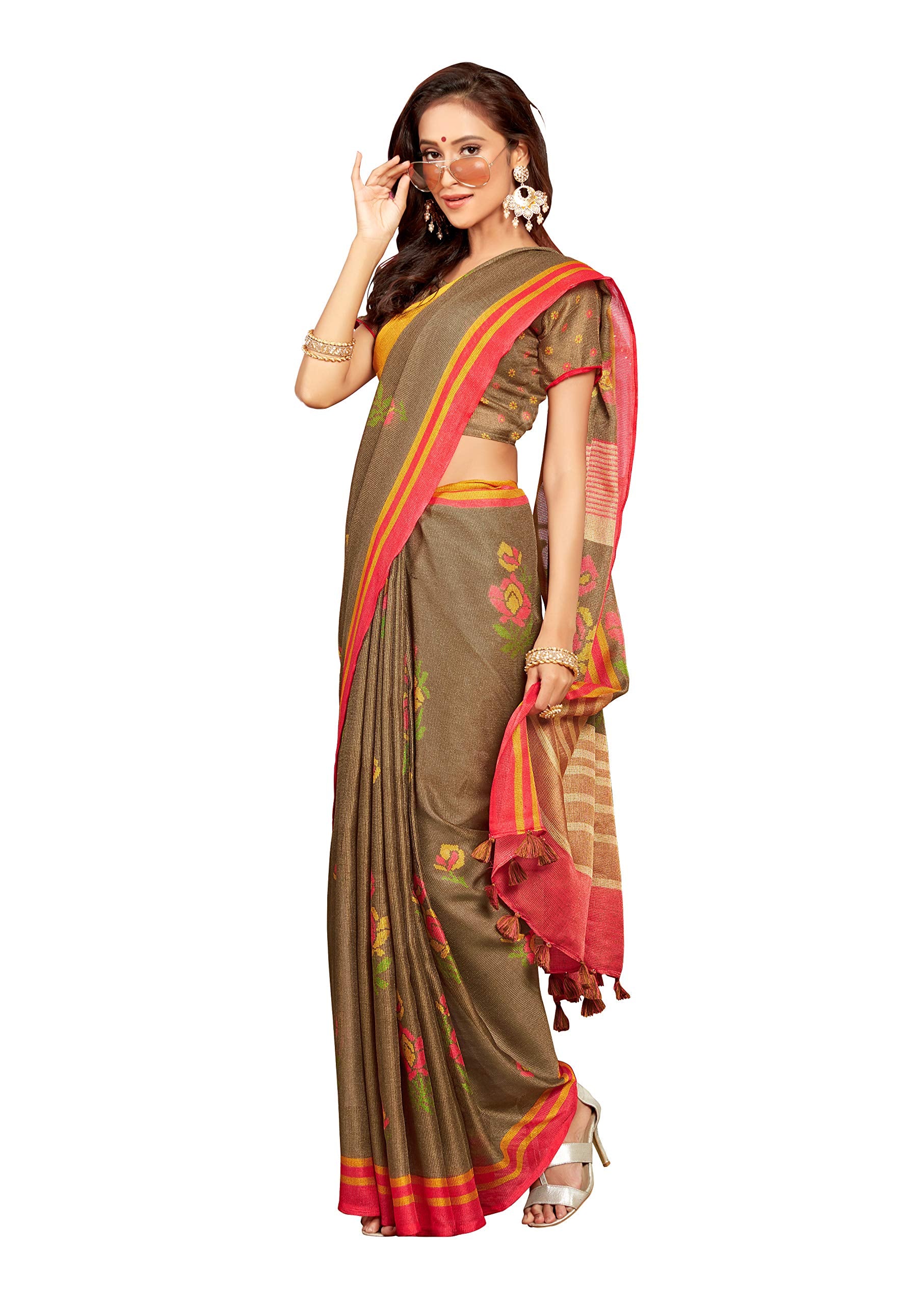 DRAVINAM Trends Women's Khadi Saree With Blouse Piece (SareePal11_Copper & Orange)