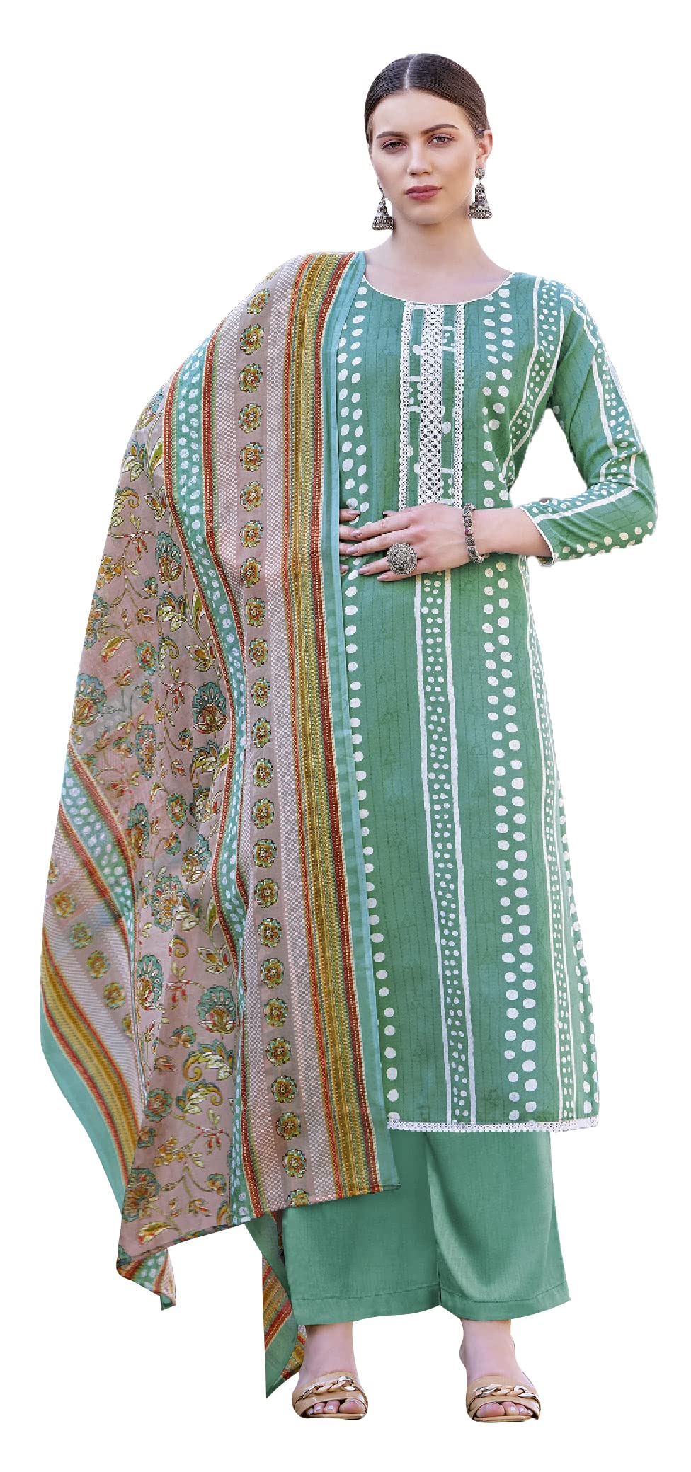 DRAVINAM Trends Unstitched Rayon Kurta Pant Dress Material Set with Cotton Printed Dupatta for Women