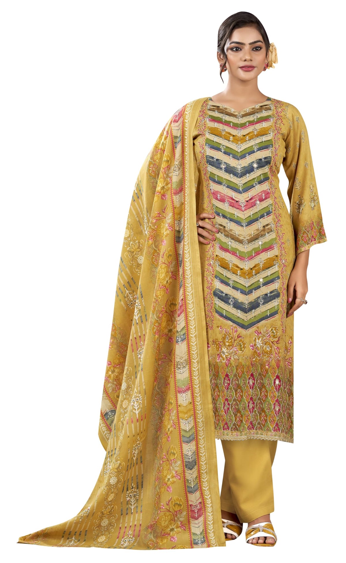 DRAVINAM Trends Women’s Ethnic Suit (Stitched, 3-Piece Set)– Heavy Viscose Rayon Designer Kurta with Heavy Handwork (2.5 m), Cotton Mal Mal Printed Dupatta (2.3 m), Bottom (3 m) (GOLDENROD, XL)
