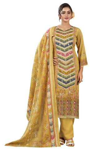 DRAVINAM Trends Women’s Ethnic Suit (Stitched, 3-Piece Set)– Heavy Viscose Rayon Designer Kurta with Heavy Handwork (2.5 m), Cotton Mal Mal Printed Dupatta (2.3 m), Bottom (3 m) (GOLDENROD, XL)
