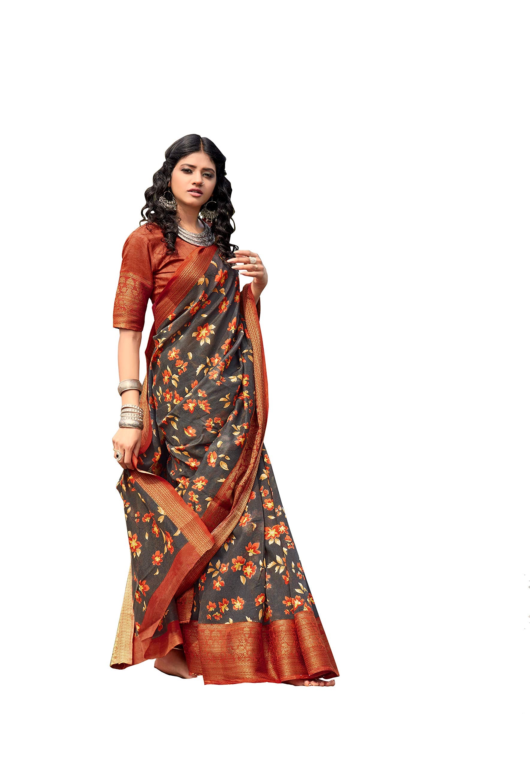 DRAVINAM Trends Women's Jacquard Linen Saree With Un-stitched Blouse (SareeSRRm_4_Grey & Red)