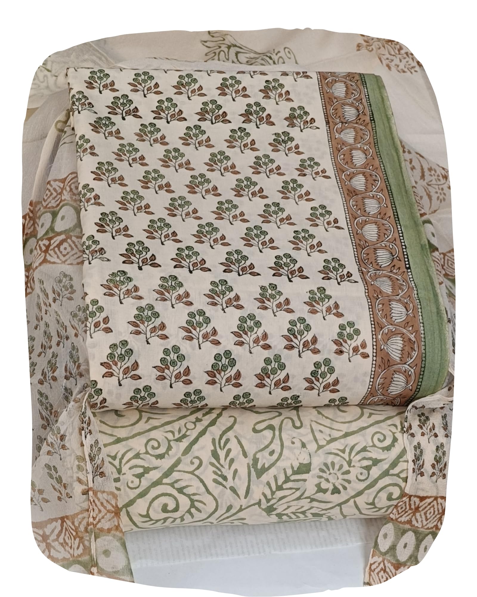 DRAVINAM Trends Hand Block Print Cambric Cotton Unstitched Salwar Suit Set for Women with Pure Chiffon Hand Printed Dupatta