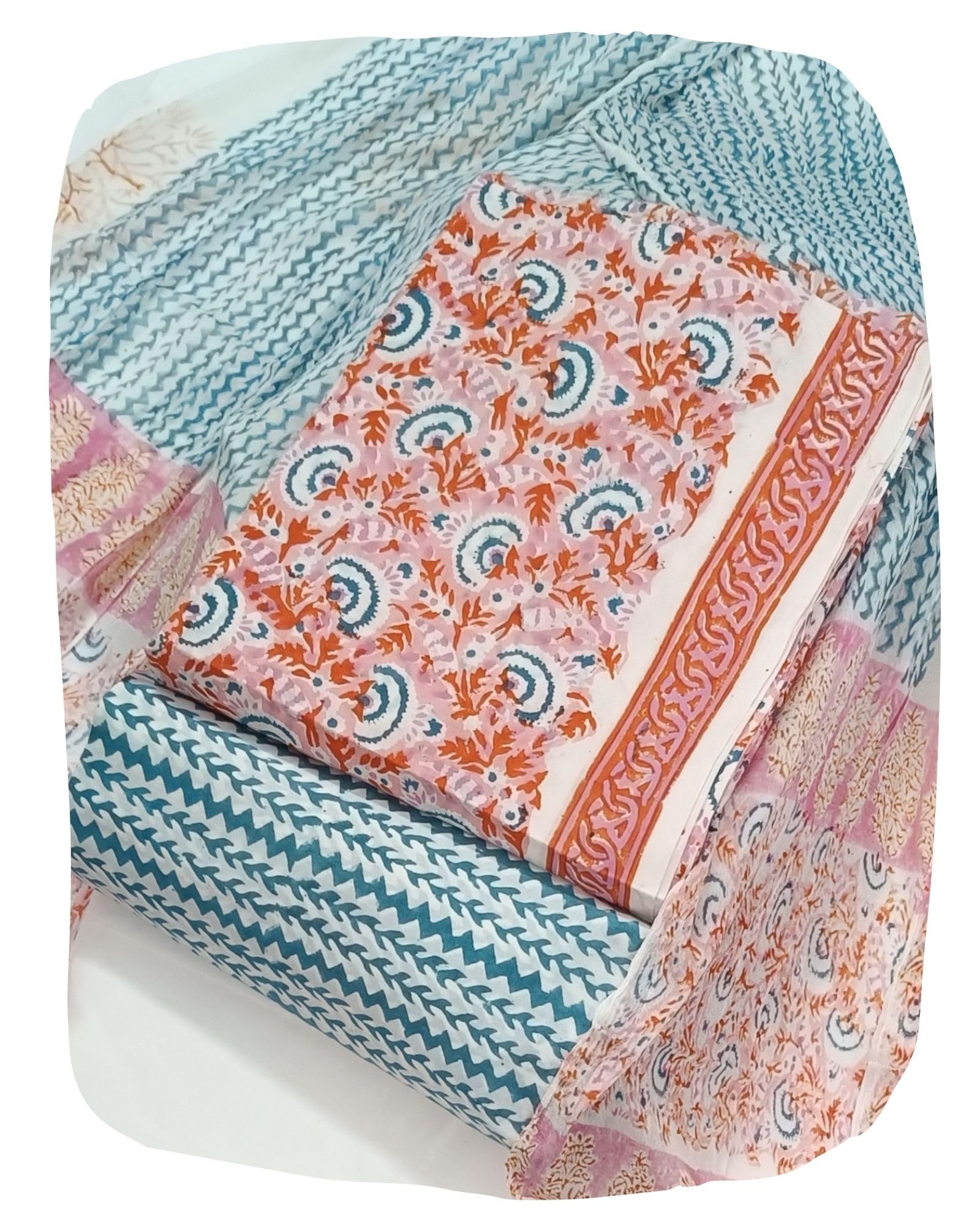 DRAVINAM Trends Hand Block Print Pure Cambric Cotton Unstitched Suit Material with Chiffon Hand Printed Dupatta