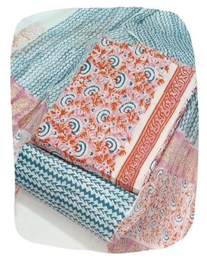 DRAVINAM Trends Hand Block Print Pure Cambric Cotton Unstitched Suit Material with Chiffon Hand Printed Dupatta