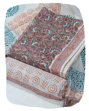DRAVINAM Trends Hand Block Print Sanganeri Cambric Unstitched Cotton Suit Dress Material for Women with Mulmul Cotton Hand Printed Dupatta