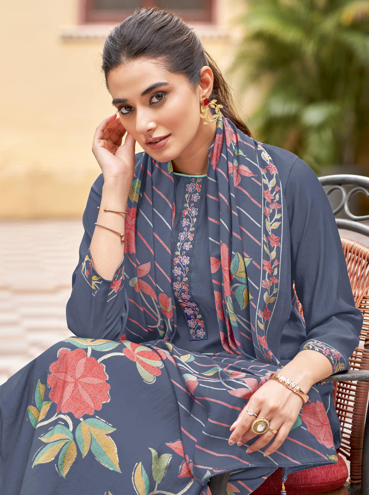DRAVINAM Trends Women's Unstitched Salwar Suit Dress Material Modal Silk Discharge Foil Print Embroidered Kameez Plain Unstitched Bottoms and Modal Silk Discharge Foil Print Dupatta