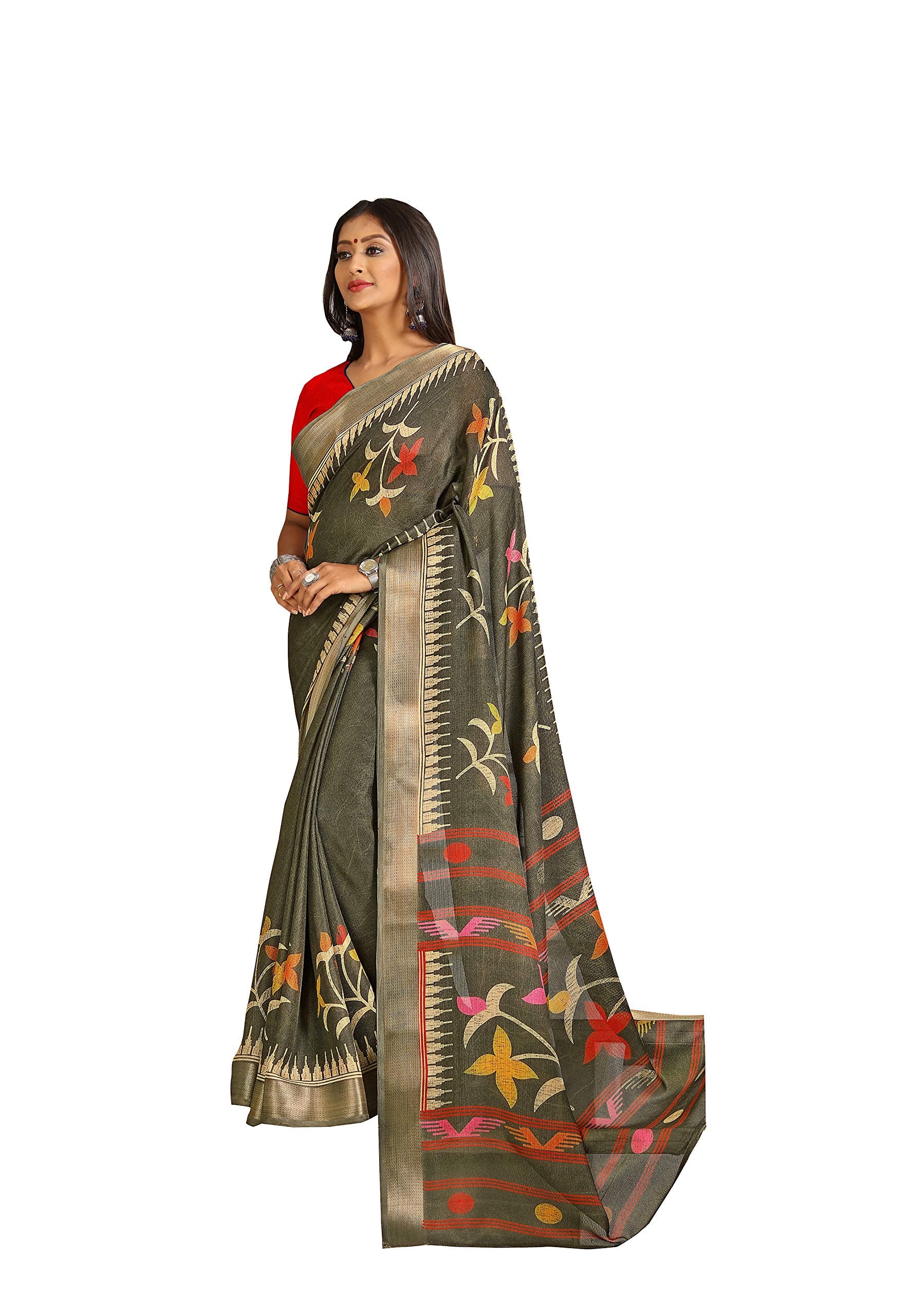 DRAVINAM Trends Women's Khadi Linen Saree With Un-stitched Blouse (SareePe_9_Grey & Red)