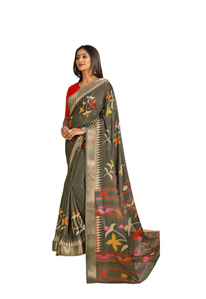 DRAVINAM Trends Women's Khadi Linen Saree With Un-stitched Blouse (SareePe_9_Grey & Red)