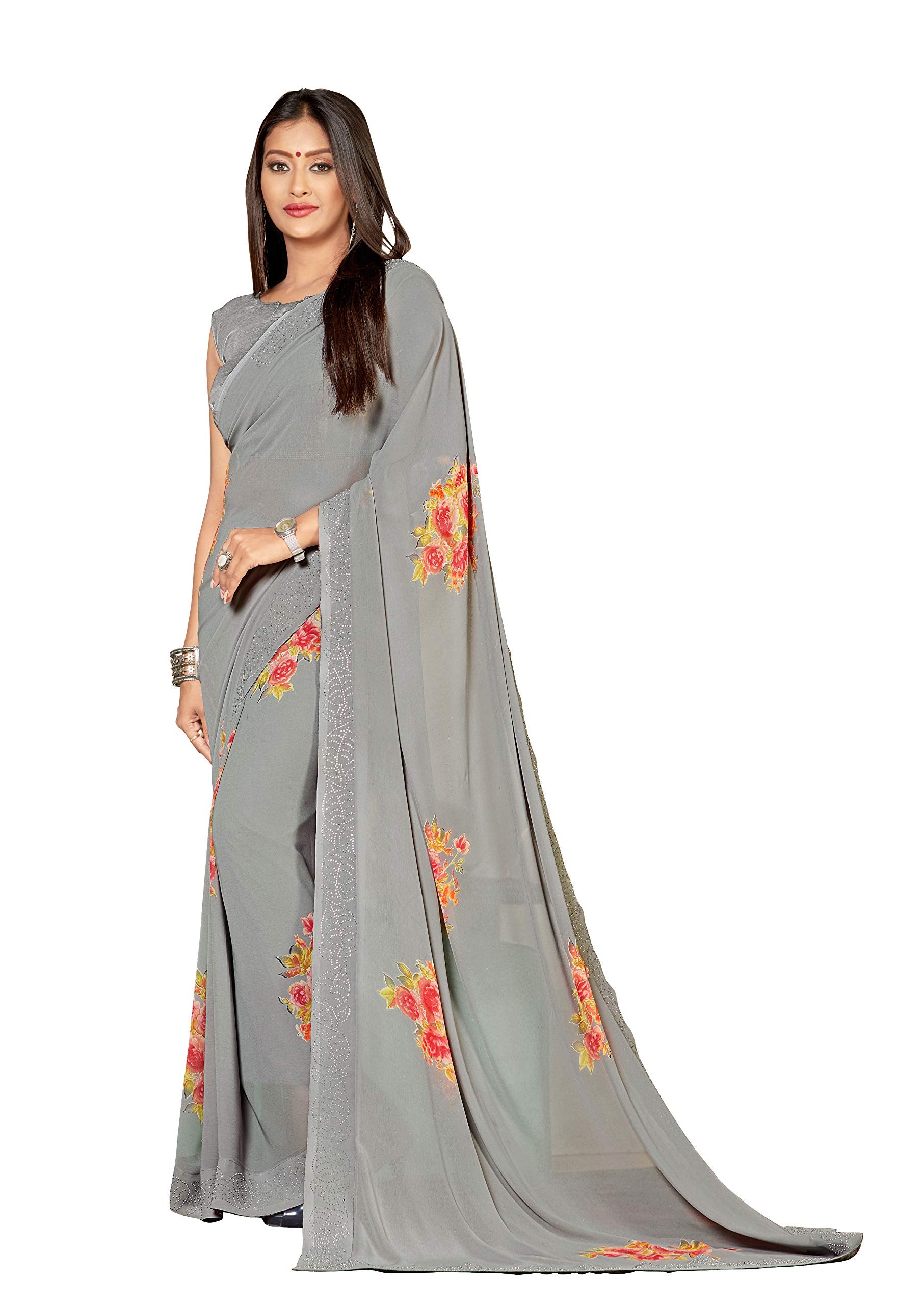 DRAVINAM Trends Women's Weightless Georgette Printed saree with Siroski Border and Unstitched Blouse Piece (Silver Grey)
