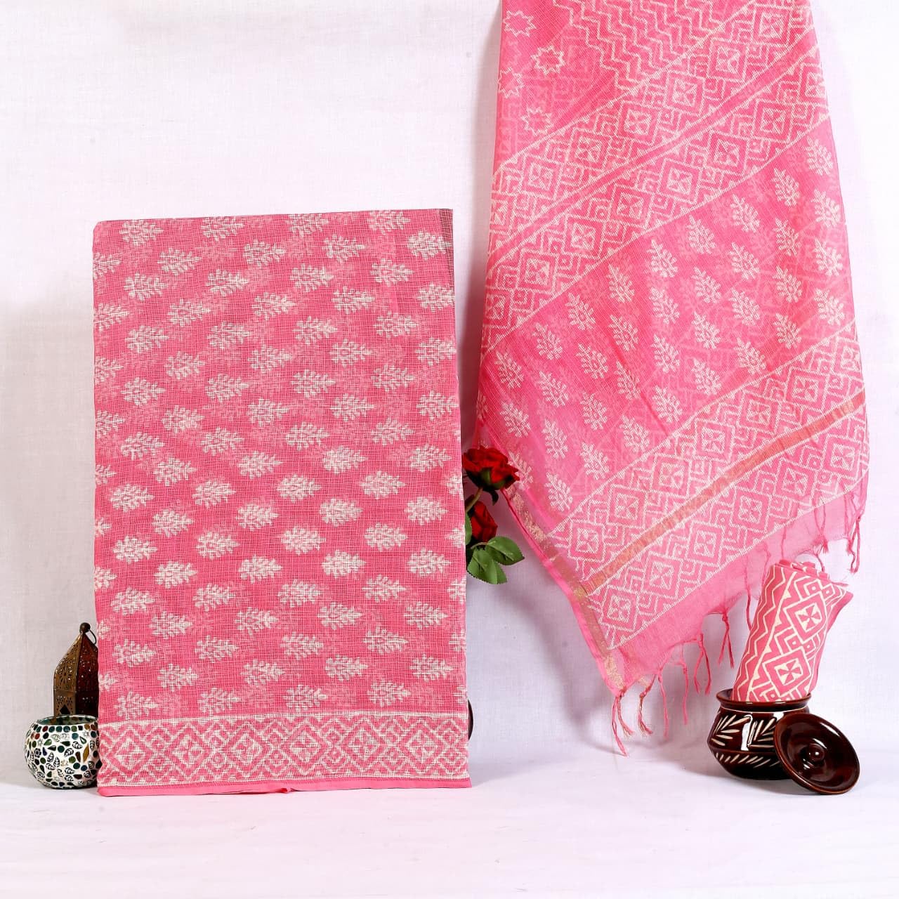 DRAVINAM Trends Jaipuri Hand Block Print Pure Kota Doriya Unstitched Suit Dress Material with Kota Doriya Hand Printed Dupatta