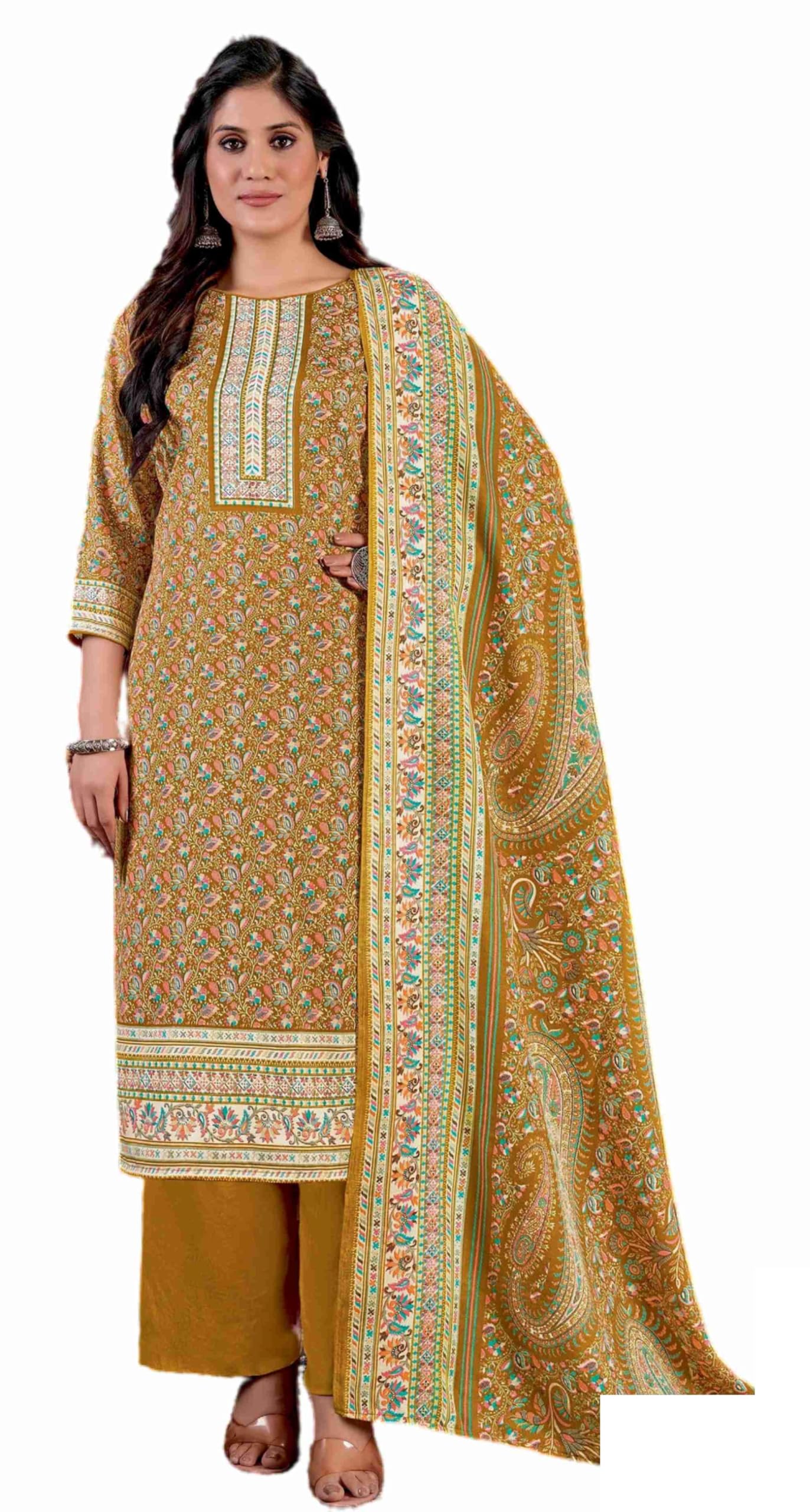 DRAVINAM Trends Women's Unstitched Kaani Digital Print Swaroski Work Spun Pashmina Winter wear Dress Material Fabric for Salwar Suit with printed Pashmina Kashmiri shawl dupatta (Free size)