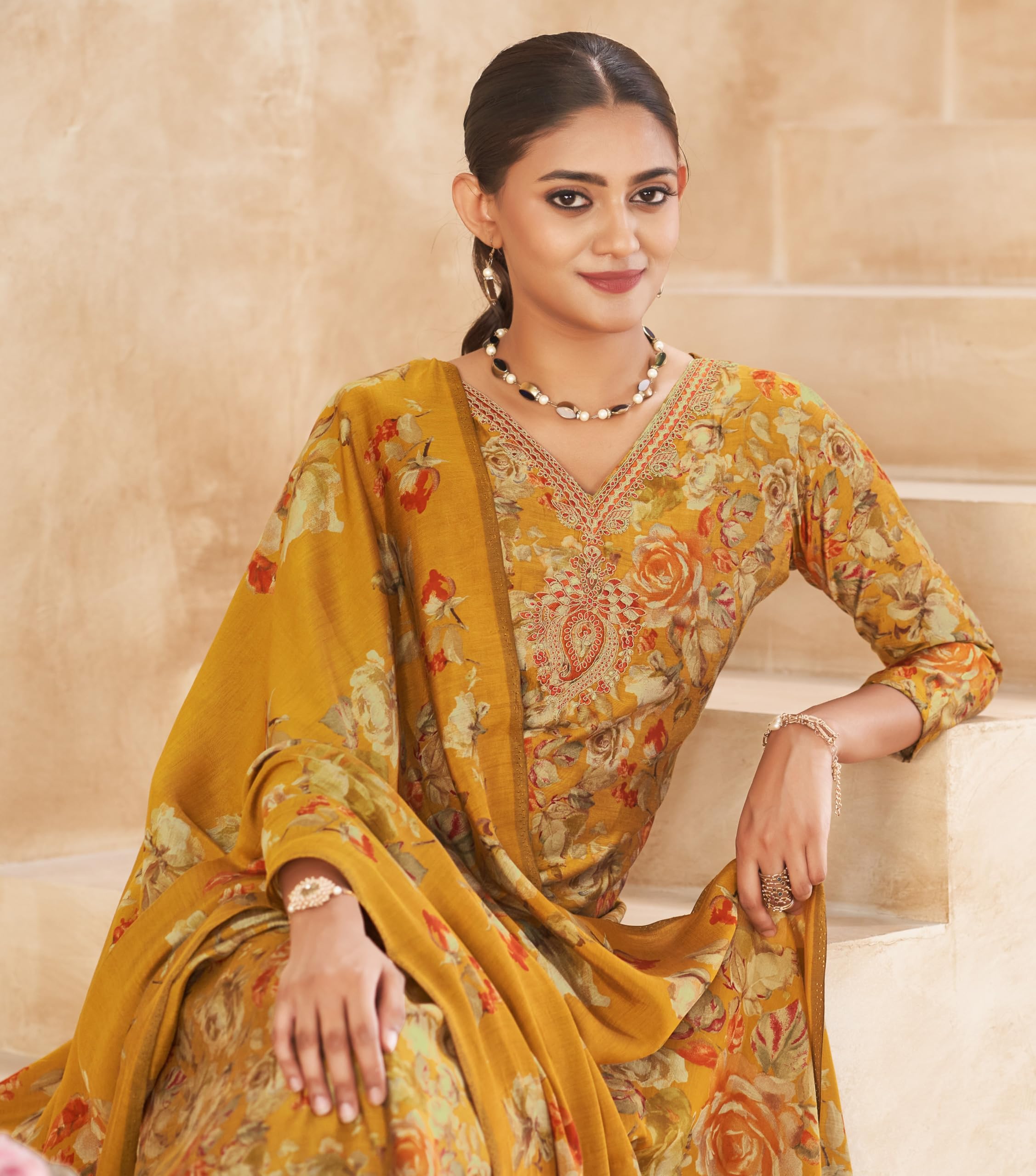 DRAVINAM Trends Women's Unstitched Maslin Salwar Suit Dress Material - Pure Viscose Modal Maslin Embroidered Kameez II Unstitch Bottoms II Viscose Modal Maslin Digital Prints Dupatta
