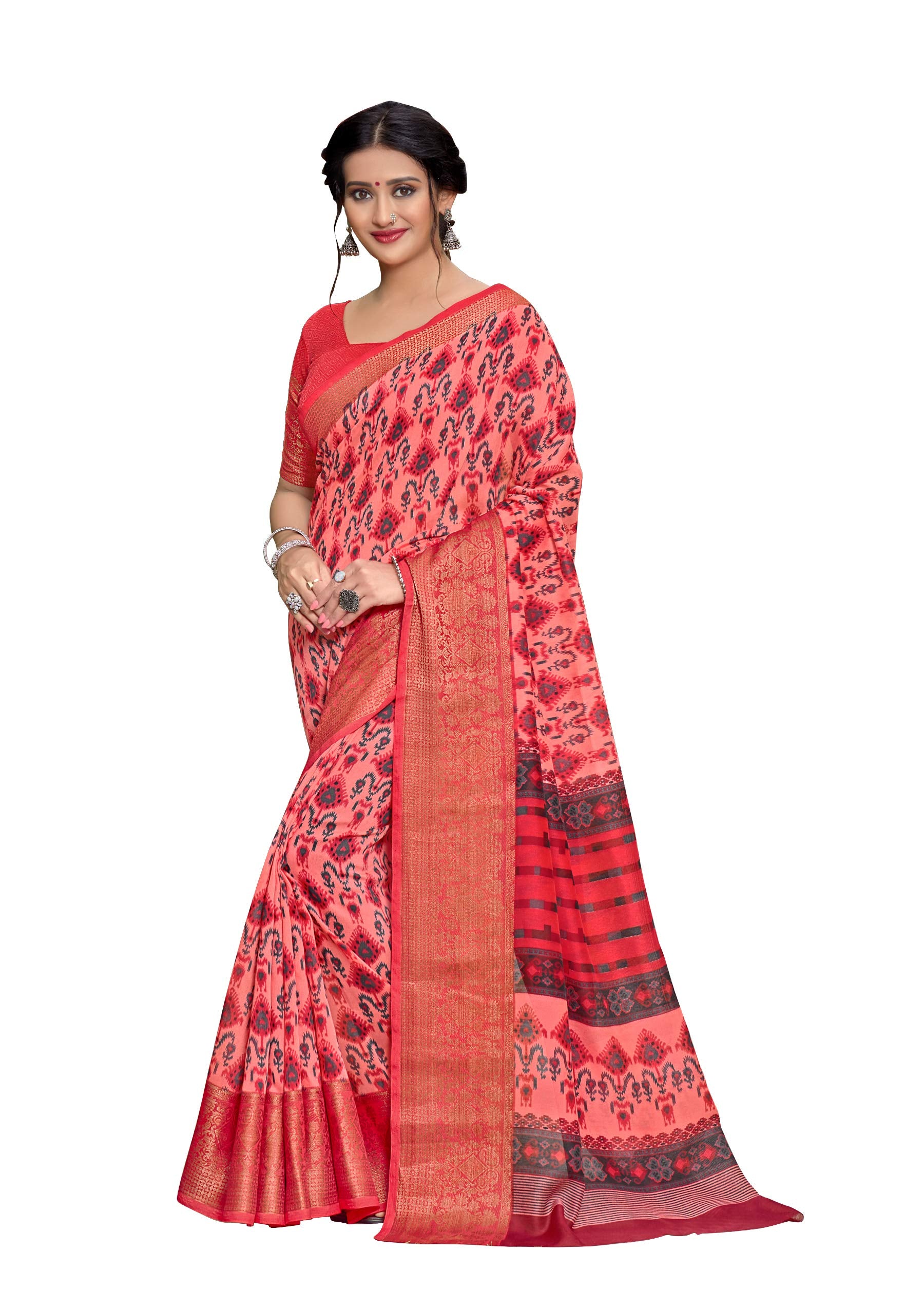 DRAVINAM Trends Women's Cotton Linen Jacquard Woven Broad Border Pattu Saree with Blouse Piece (Pattu SareeSRMN_44N_Peach Pink)