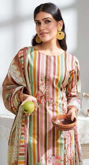 DRAVINAM Trends Unstitched Women Suit Material – Viscose Cotton Digital Printed Embroidered Kameez, Cambric Cotton Plain Bottoms and Printed Dupatta