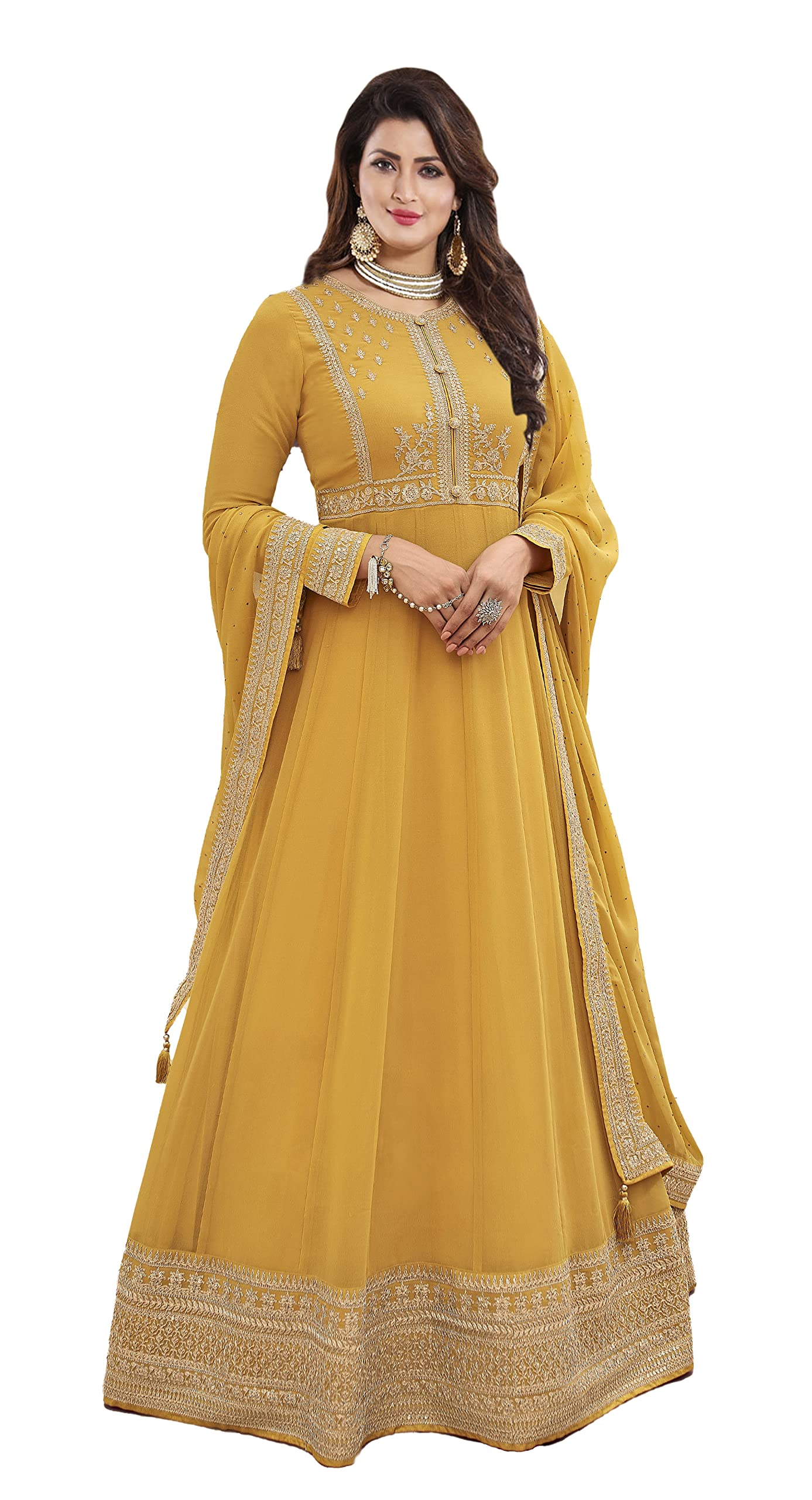 DRAVINAM Trends Women's Pure Georgette Heavy Zari Embroidered Anarkali Unstitched Suit Gown material with Georgette Embroidered and Swaroski work Dupatta (Free Size_Pinkish Red)