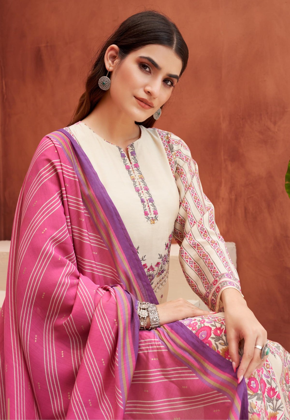 DRAVINAM Trends Women's Unstitched Masline Embroidered Suit Material - Viscose Maslin Embroidered Printed Shirt II Maslin Bottoms II Maslin Digital Printed Dupatta