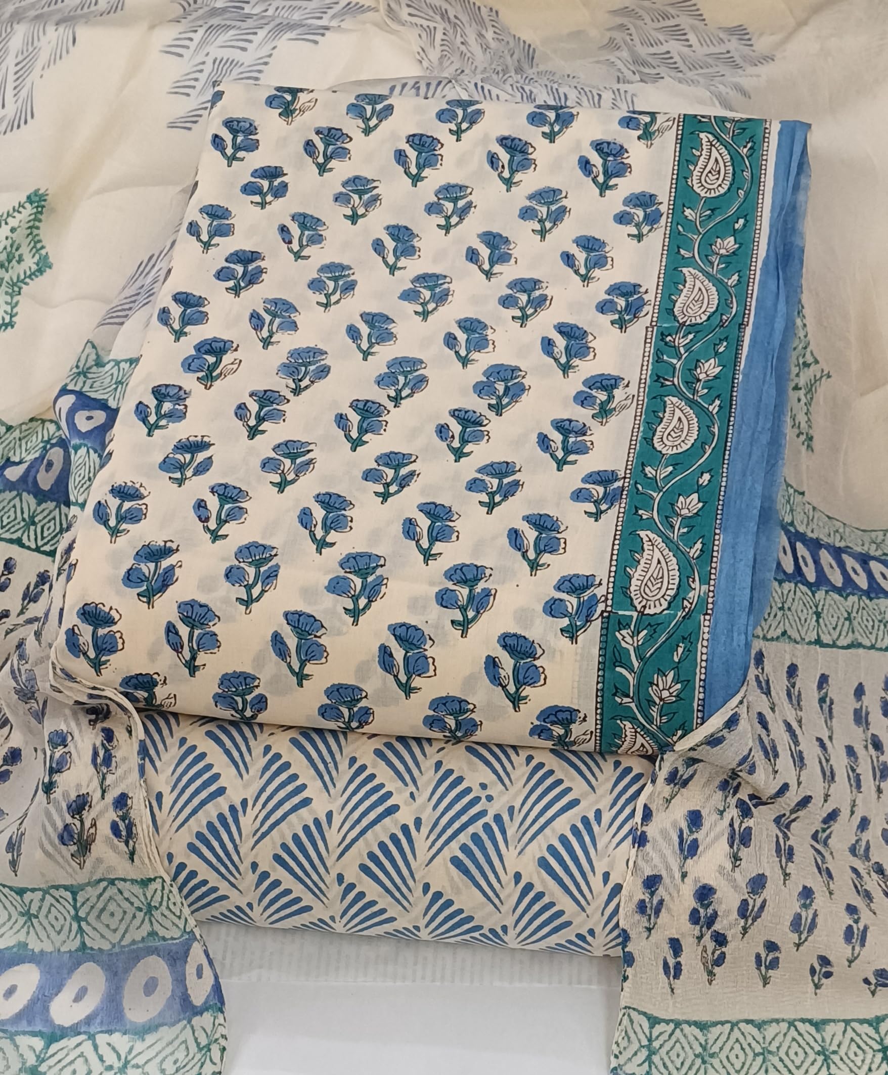 DRAVINAM Trends Hand Block Print Cambric Cotton Unstitched Salwar Suit Set for Women with Pure Chiffon Hand Printed Dupatta