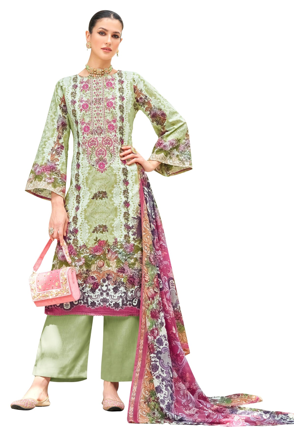 DRAVINAM Trends Cambric Cotton Pakistani Embroidered Suit Dress Material with Unstitched Bottoms and Cotton Dupatta