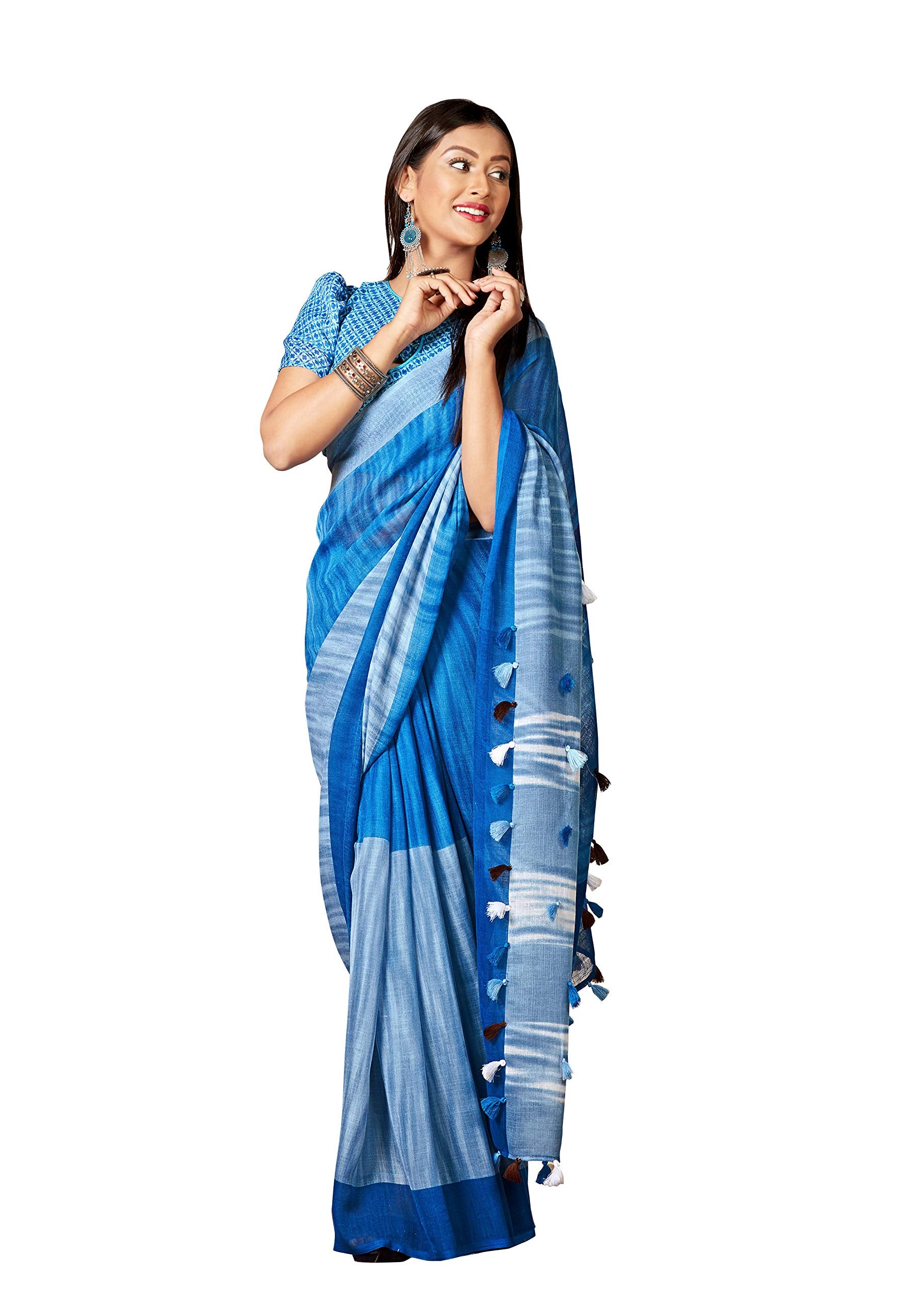 DRAVINAM Trends Women's Khadi Linen Saree With Blouse Piece (SareePN_4_Blue & White)