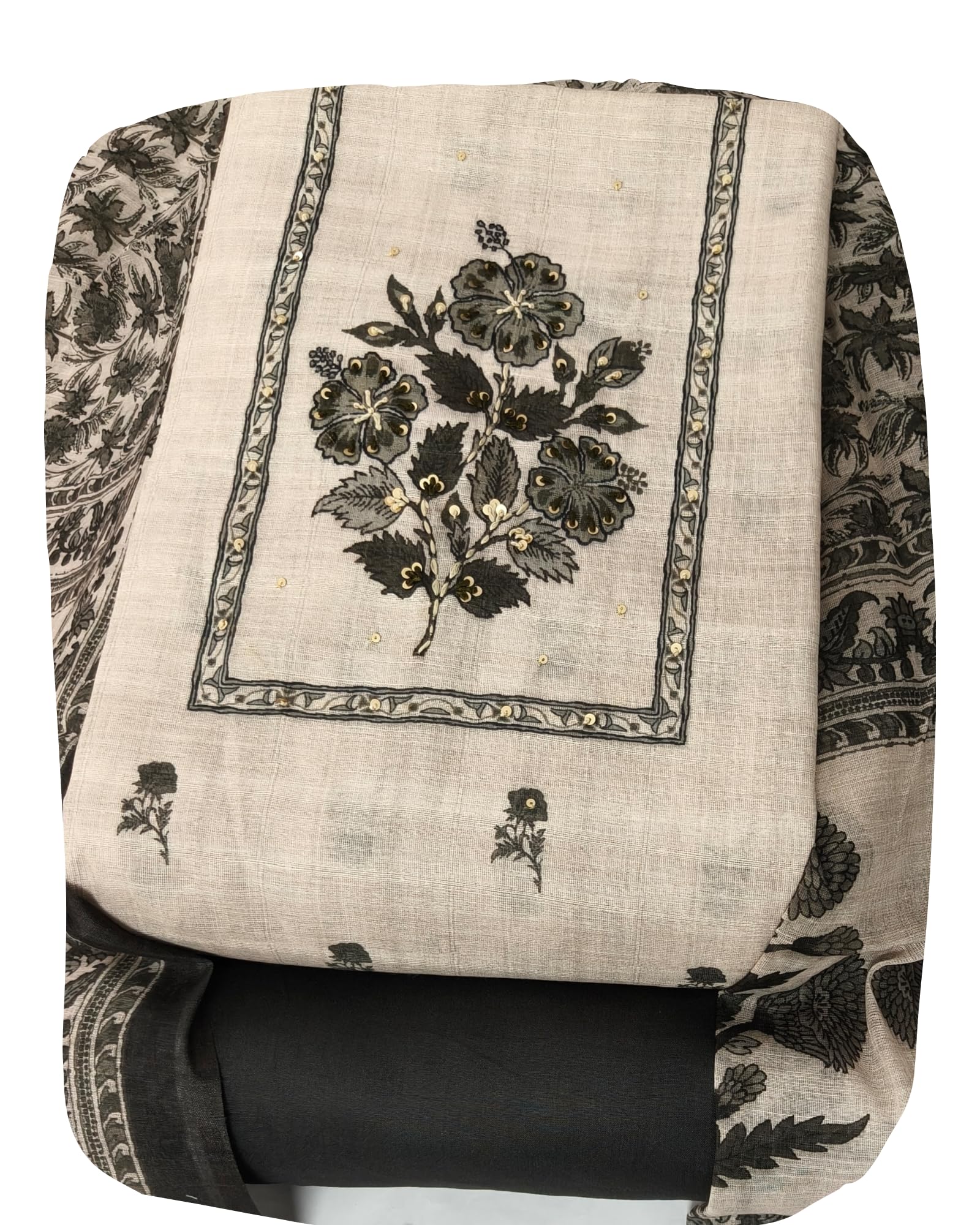 DRAVINAM Trends Women's Linen Cross-Stitch Floral Print Unstitched Salwar Suit Dress Material with Malai Cotton Bottom & Linen Dupatta