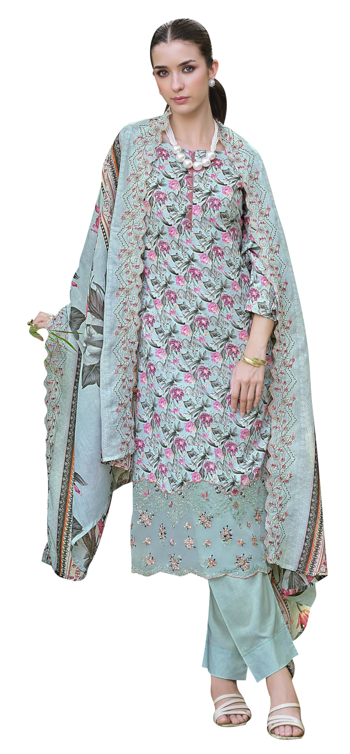 DRAVINAM Trends Women's Stitched Digital Print Embroidered Scalloping Cutwork Pure Cotton Kurta Pant Suit Set with Cotton Embroidered Scalloping Cutwork Dupatta (XL / 42)