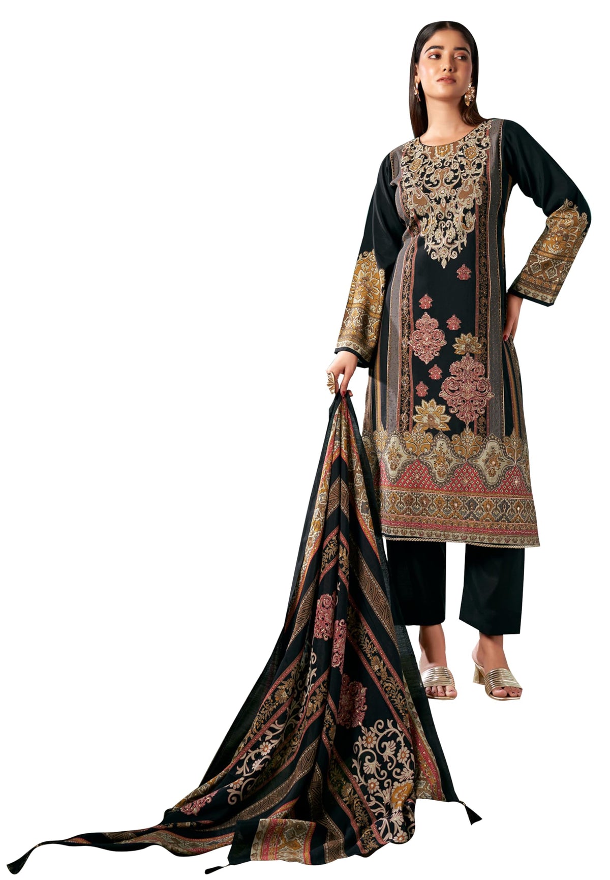 DRAVINAM Trends Women's Unstitched Pure Maslin Digital Foil Printed Pakistani Embroidered Suit Dress Material with Unstitched Maslin Bottoms and Maslin Dupatta