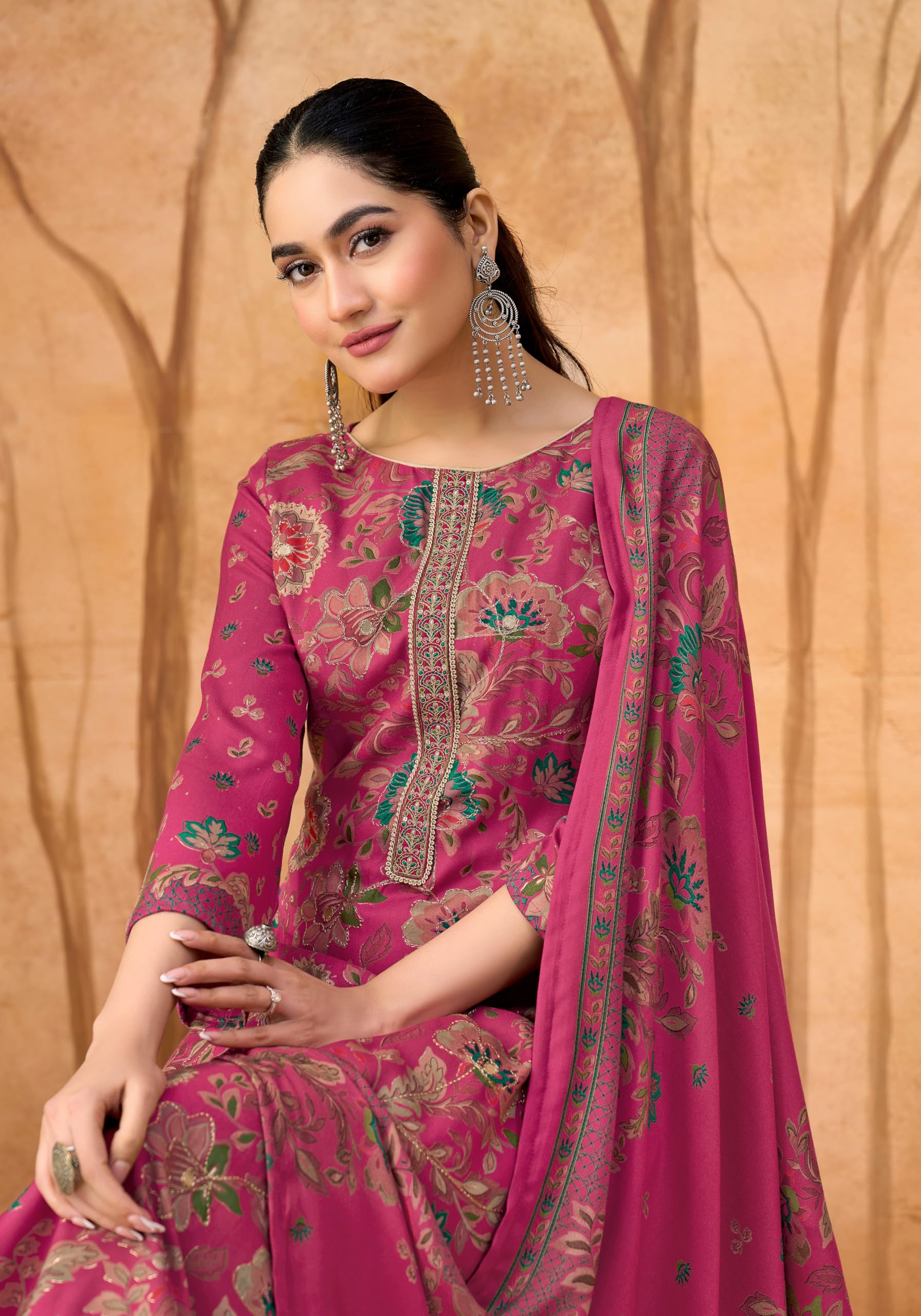 DRAVINAM Trends Women's Winter Wear Unstitched Discharge Print Hand Work Neck Embroidered Woollen Viscose Pashmina Salwar Suit Dress Material with Pashmina Printed Shawl Dupatta