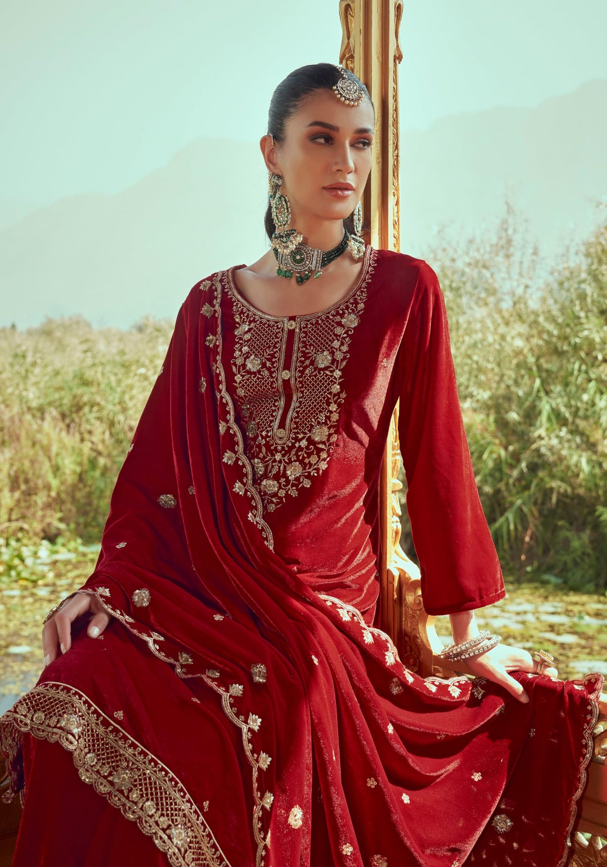 DRAVINAM Trends Women's Red Velvet Embroidered Salwar Suit Dress Material with Dupatta and Unstitched Bottoms