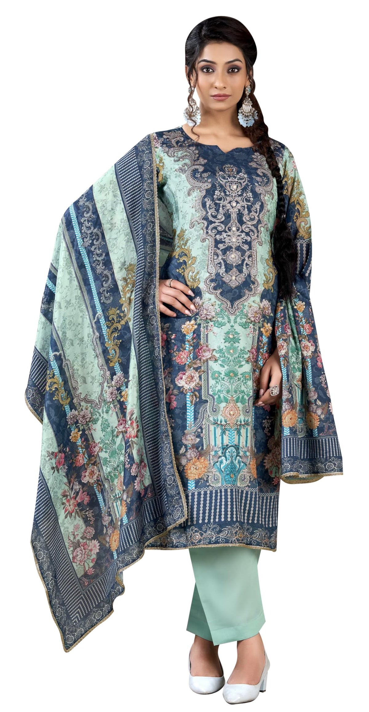 DRAVINAM Trends Pure Viscose Maslin Cotton Digital Printed Heavy Hand Embroidered Suit Dress Material with Unstitched Bottoms and Maslin Printed Dupatta