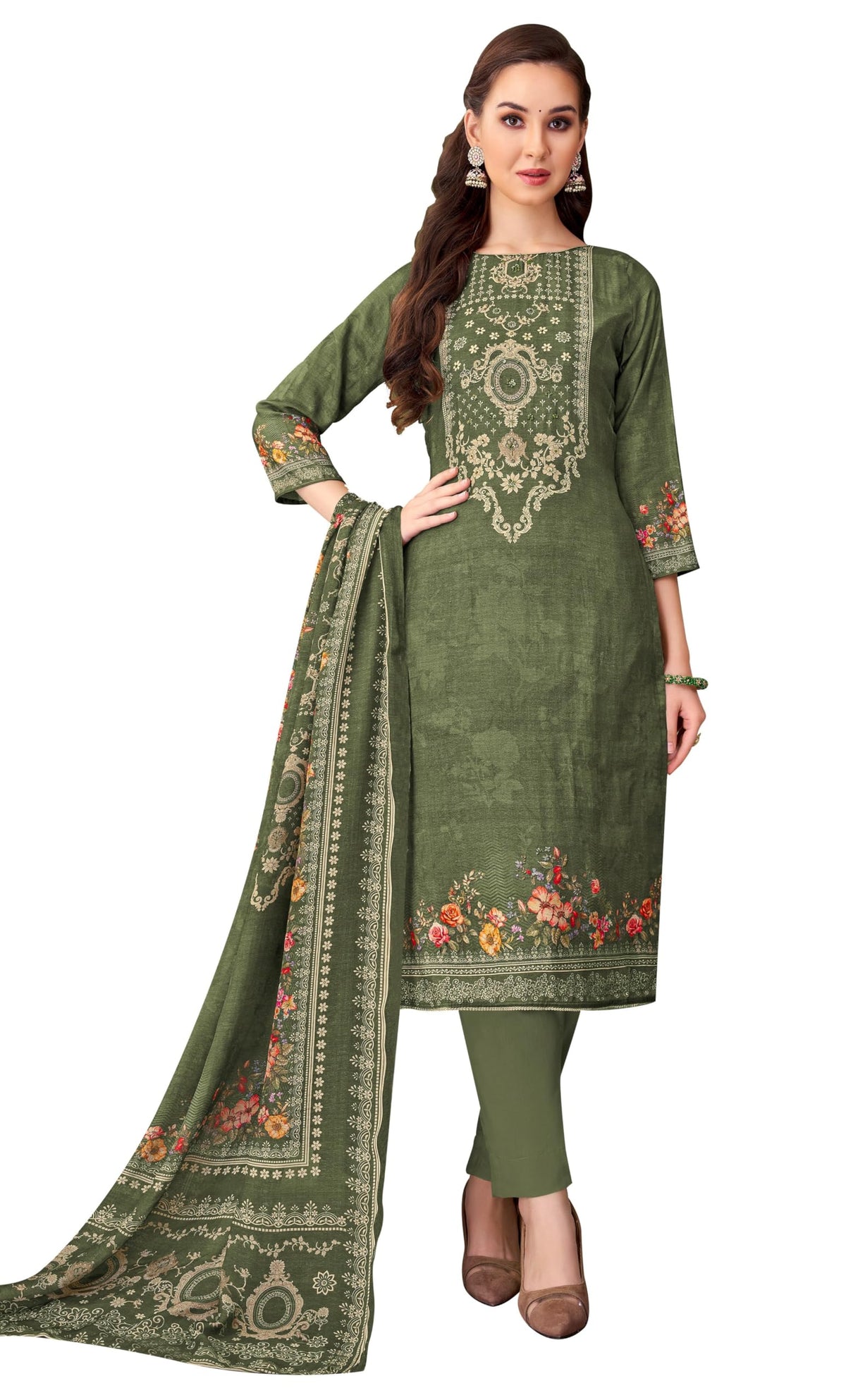 DRAVINAM Trends Women's Unstitched Viscose Maslin Hand Embroidered Suit Material - Viscose Maslin Digital Printed Hand Embroidered Kameez II Rayon Bottoms II Maslin Printed Dupatta