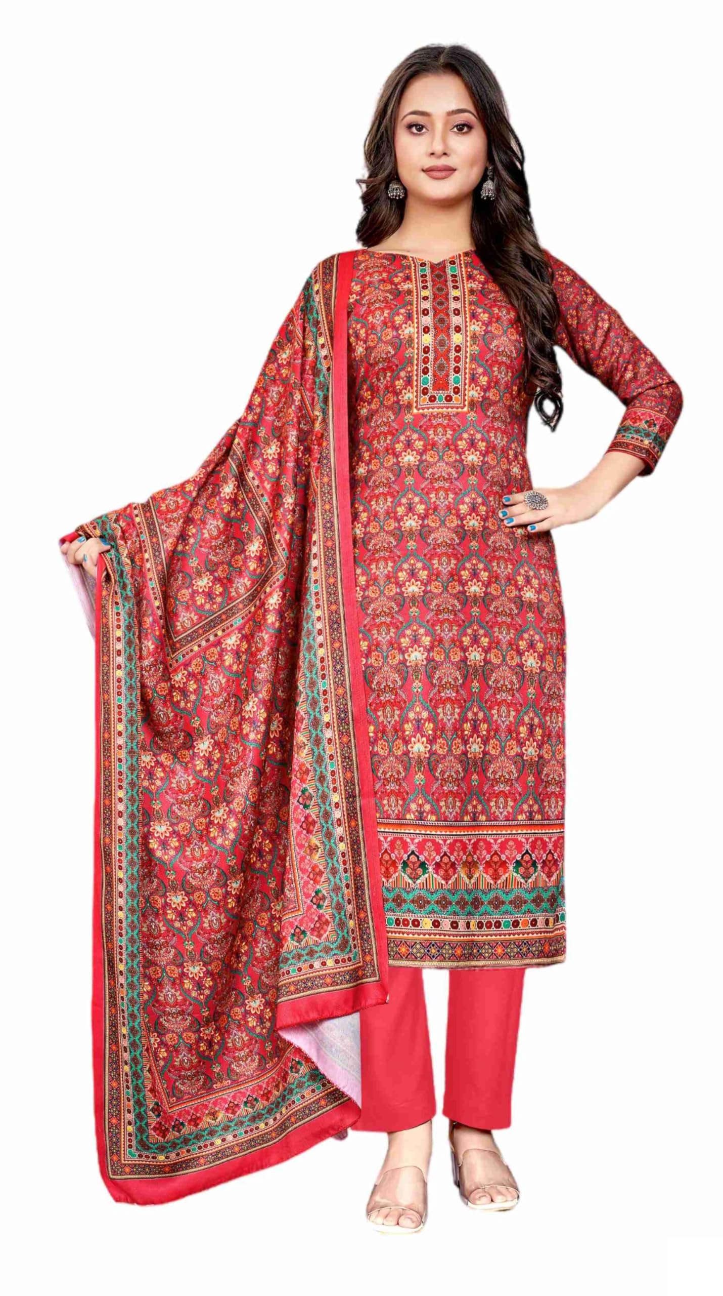 DRAVINAM Trends Pashmina Digital Kani Kashmiri Printed Unstitched Salwar Suit for Women with Digital Shawl Dupatta