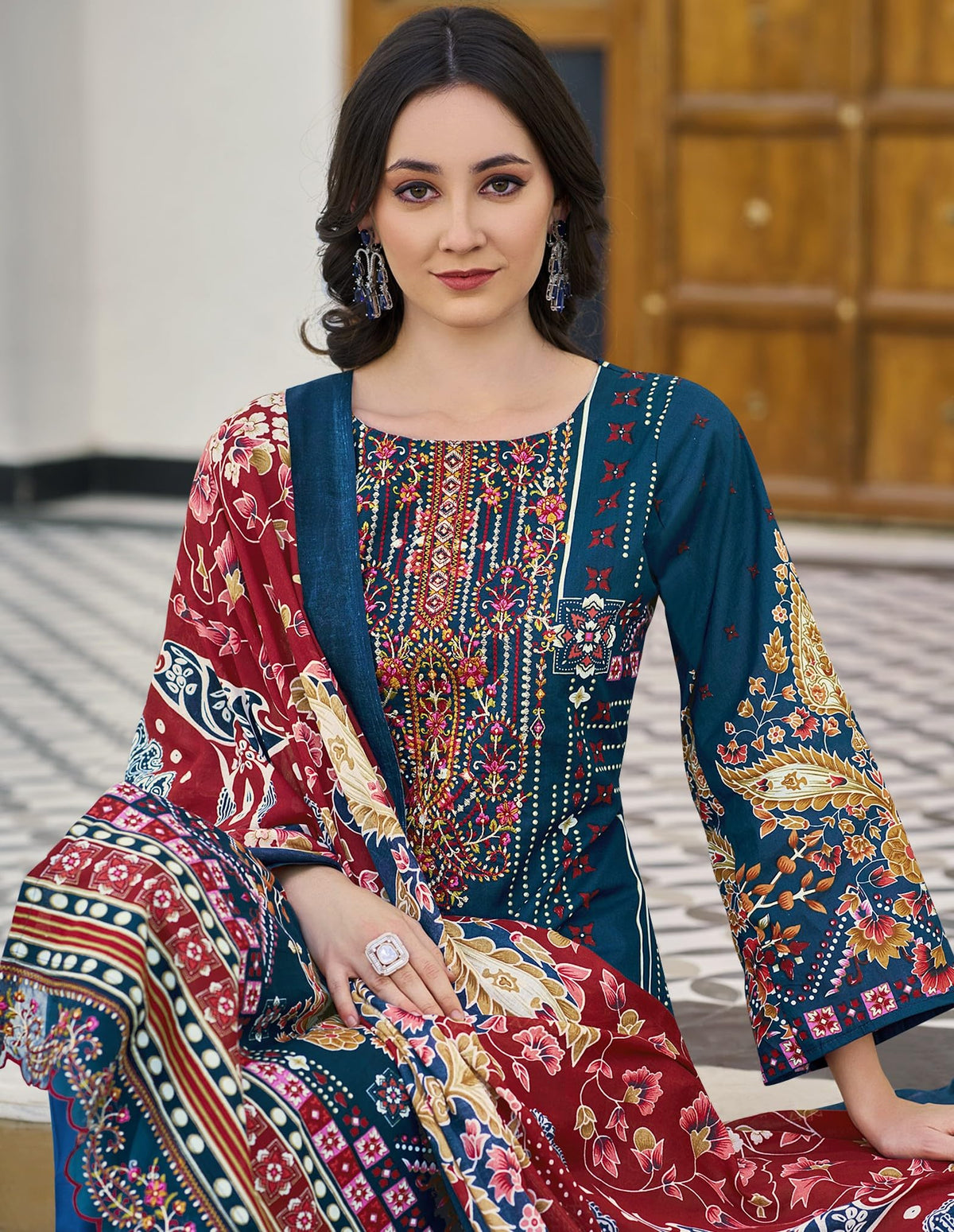 DRAVINAM Trends Women's Unstitched Salwar Suit Dress Material - Cotton Digital Printed Organza Embroidered Kameez II Solid Bottoms II Printed Dupatta
