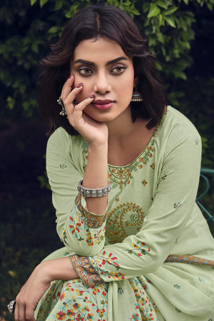 DRAVINAM Trends Unstitched Printed Embroidery Work Pure Cotton Salwar Suits Dress Material with Cotton Dupatta (Beige)