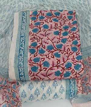 DRAVINAM Trends Hand Block Print Pure Cambric Cotton Unstitched Suit Material with Chiffon Hand Printed Dupatta