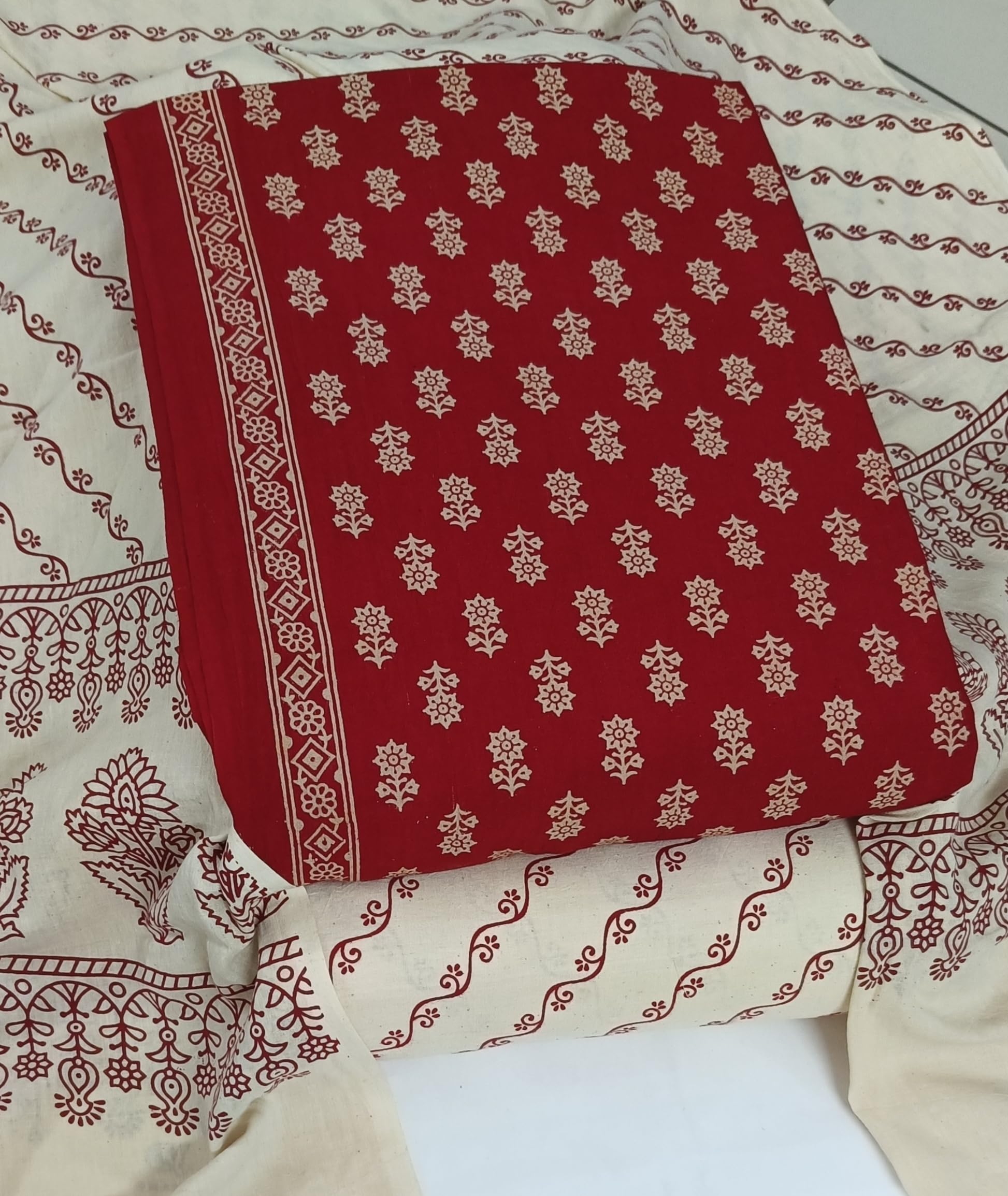 DRAVINAM Trends Women's Premium Cotton Unstitched Salwar Suit Dress Material Set | Traditional Rajasthani Gujari Block Print (Red & Mustard Yellow)