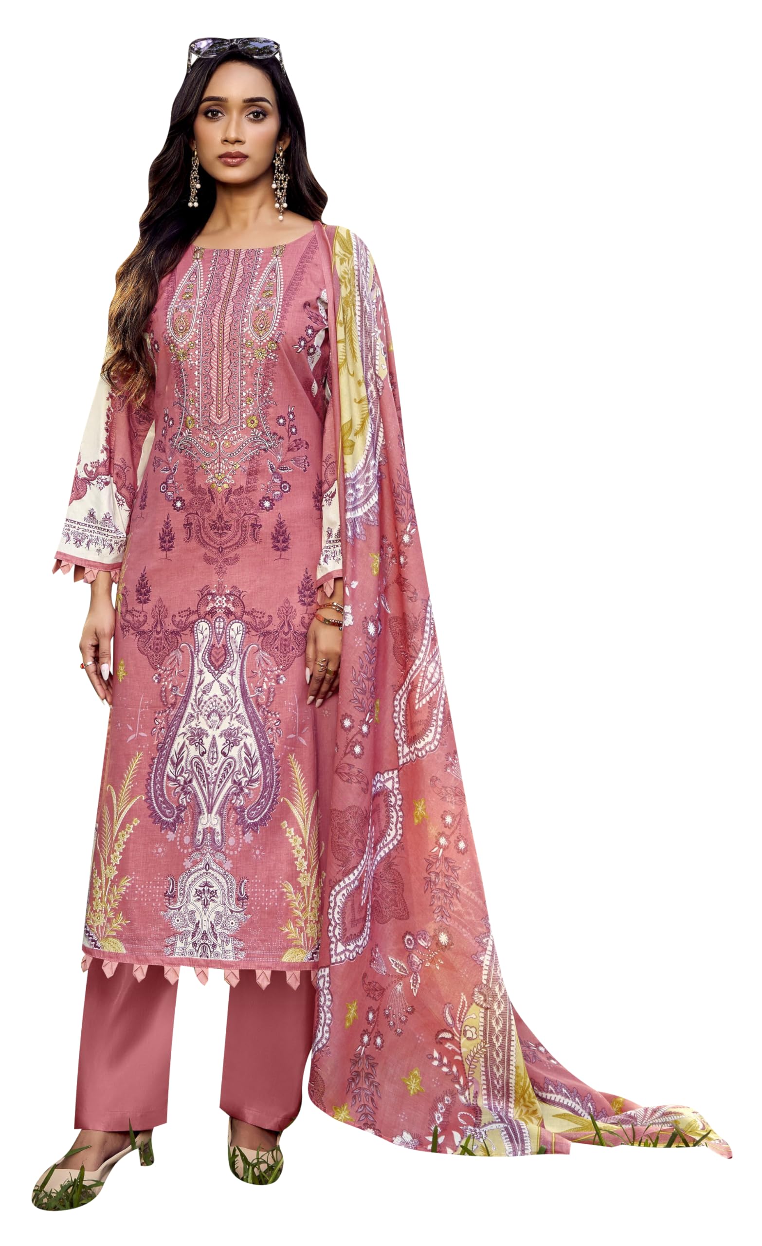DRAVINAM Trends Women's Unstitched Cotton Suit Dress Material -Embroidered Digital Print Top II Plain Bottoms II Digital Print Dupatta