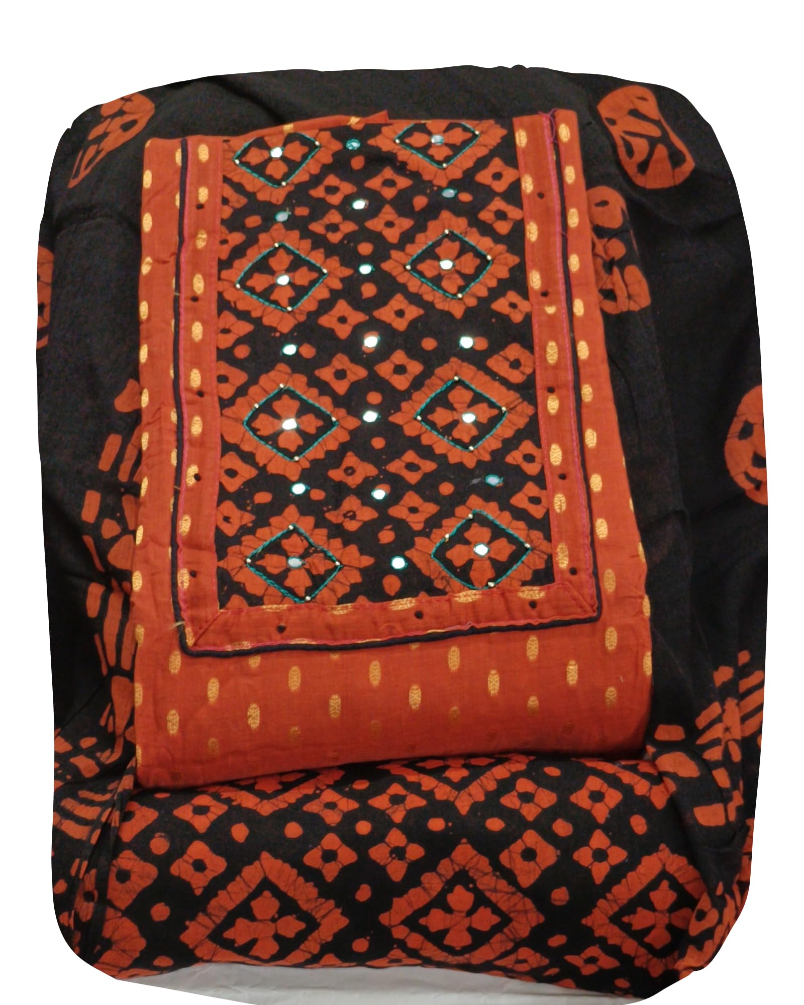 DRAVINAM Trends Women's Unstitched Cambric Cotton Dress Material Salwar Suit Set with Dupatta | Geometric Batik Print & Embellished Neckline (Multicolor)