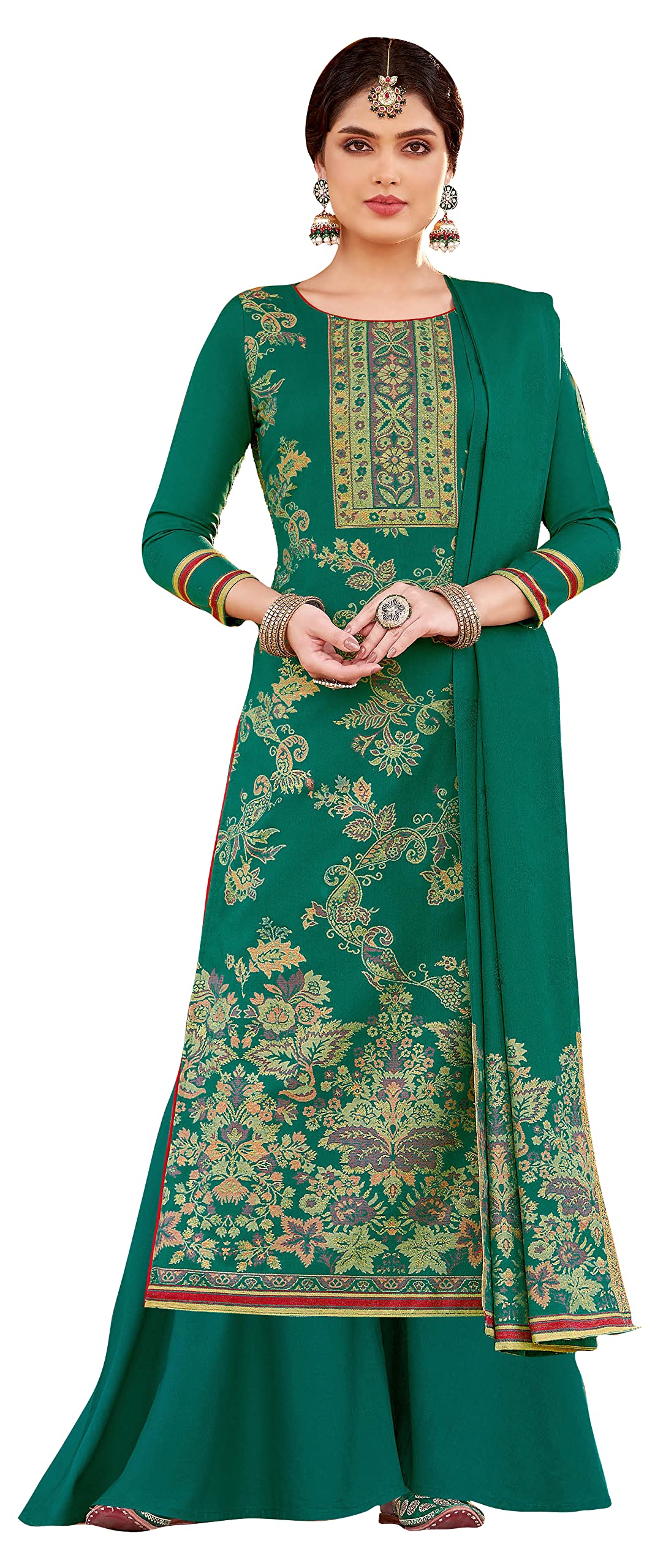 DRAVINAM Trends Women's Unstitched kanni Weaving Woollen Pashmina Salwar Kameez Dress Material with Pure Wool Pashmina Kaani Weaving Shawl Dupatta (Free Size_Green)