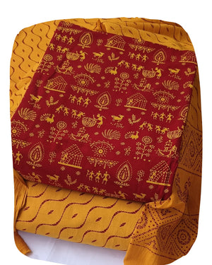 DRAVINAM Trends Women's Premium Cotton Unstitched Salwar Suit Dress Material Set | Traditional Rajasthani Gujari Block Print (Red & Mustard Yellow)