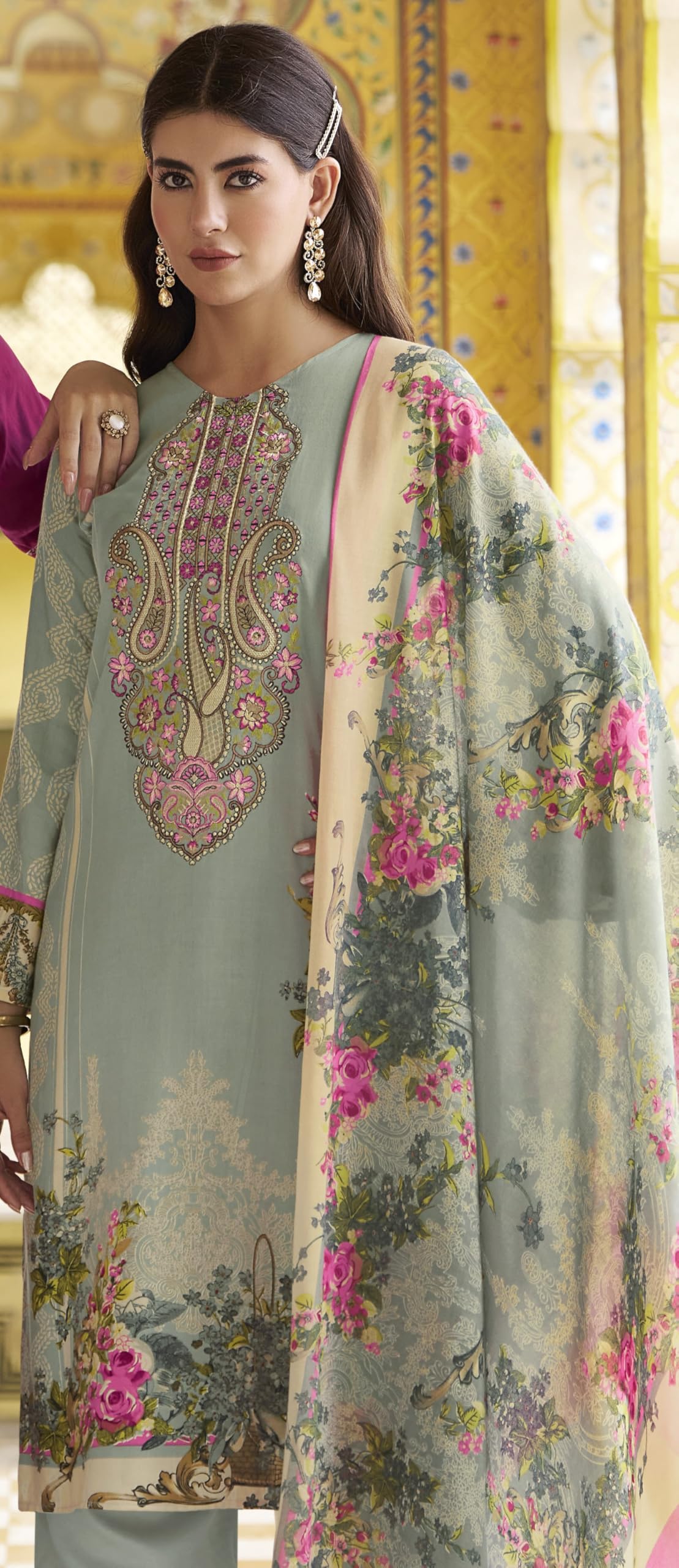 DRAVINAM Trends Unstitched Pakistani Embroidered Pure Rayon Salwar Suit Dress Materials with Cotton Dupatta